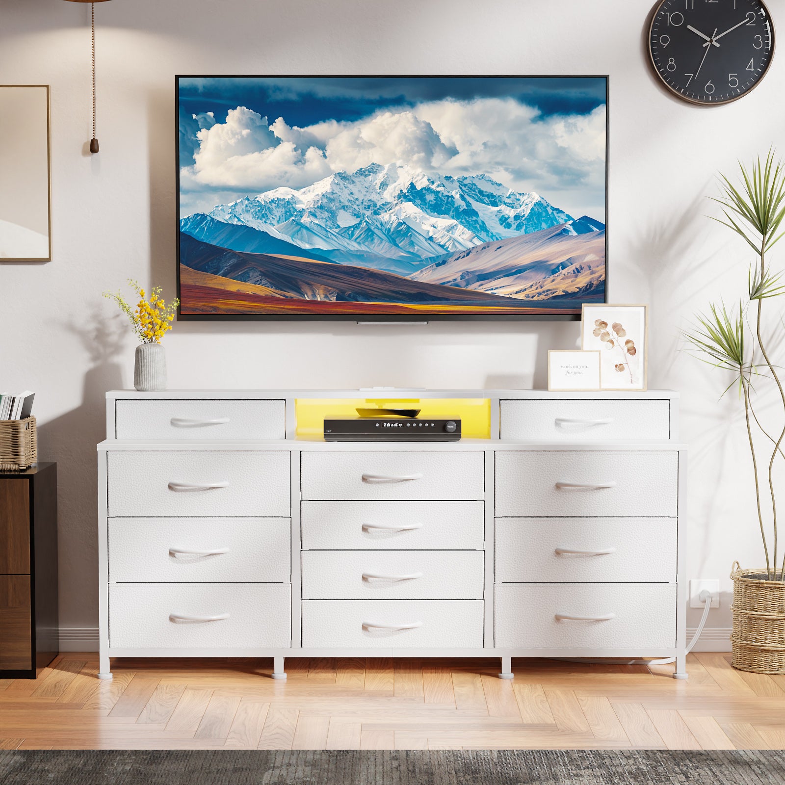 White Dresser for Bedroom with LED Lights and Power Outlets 55”W Large 12 Storage Drawers Dresser Long Fabric Chests with 2 Shelves Wooden Top