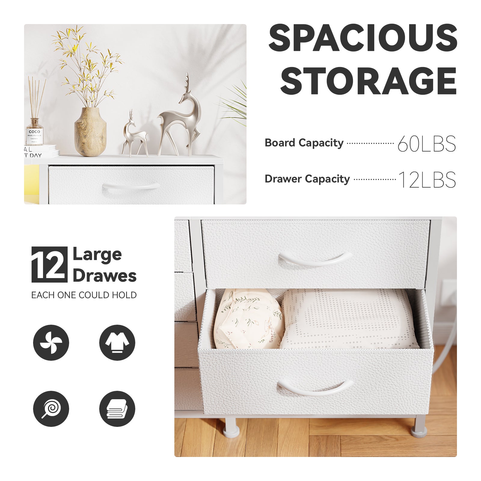 White 12 Drawer Dresser with Charging Station 55 Inch TV Stand for 60 Inch TV LED Lights Media Console Fabric Storage Chest Bedroom Living Room