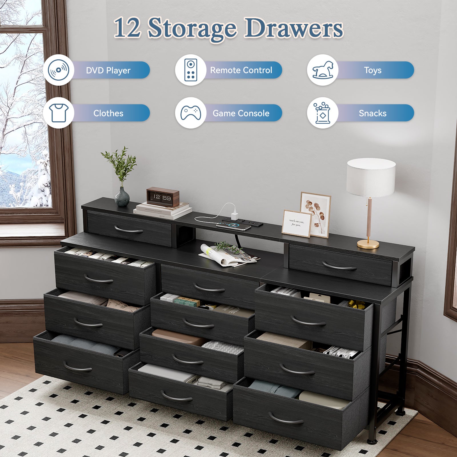 55”W Large 12 Storage Drawers Dresser Long Fabric Chests with 2 Shelves Dresser for Bedroom with LED Lights and Power Outlets Wooden Top  Black
