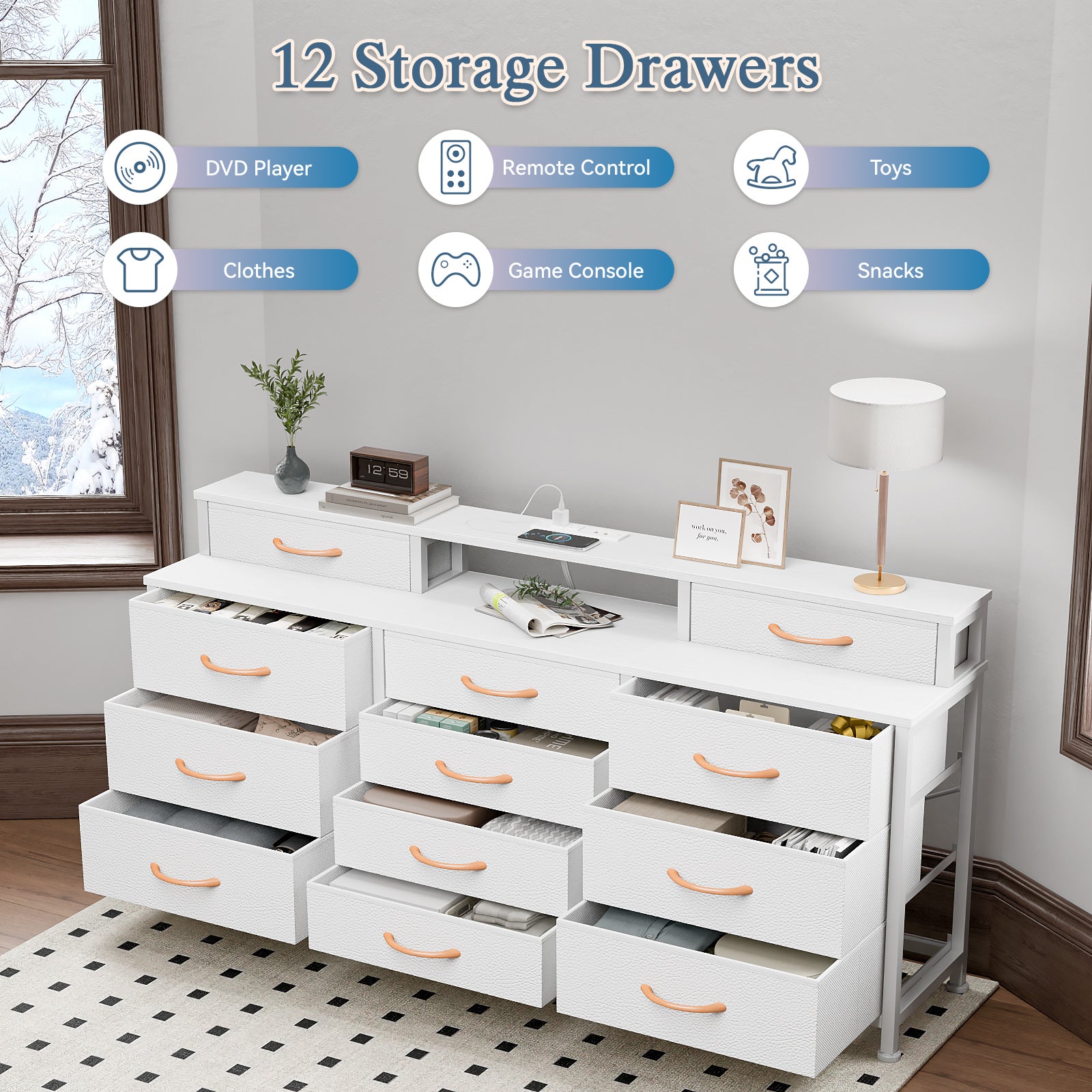 Dresser for Bedroom with LED Lights and Power Outlets 55-inch Large 12 Storage Drawers Dresser Long Fabric Chests with 2 Shelves Wooden Top White