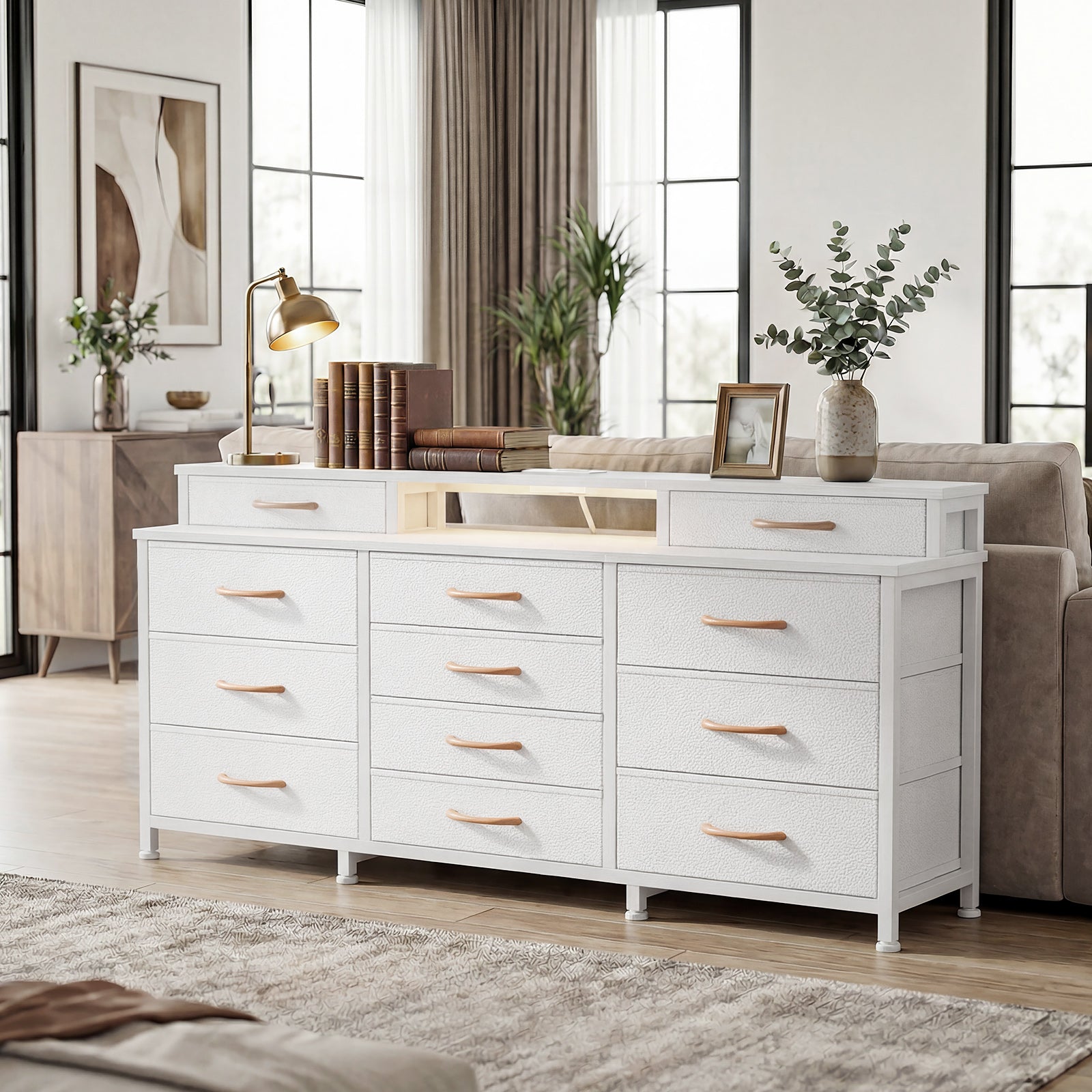 Dresser for Bedroom with LED Lights and Power Outlets 55-inch Large 12 Storage Drawers Dresser Long Fabric Chests with 2 Shelves Wooden Top White