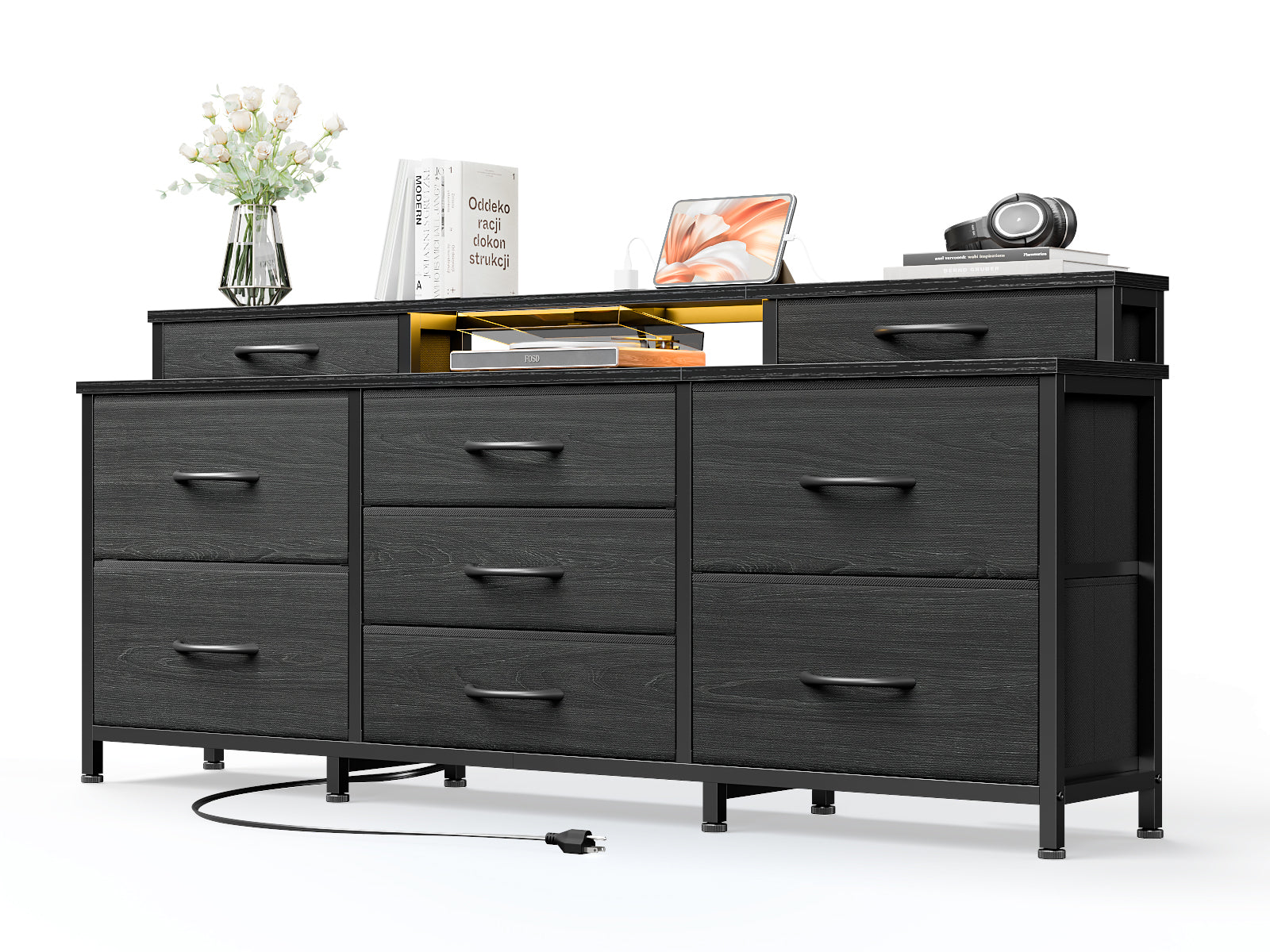 Black LED TV Stand Dresser with Charging Station 9 Fabric Drawers Storage Chest Wide Media Entertainment Center Shelves Bedroom Dorm Organizer