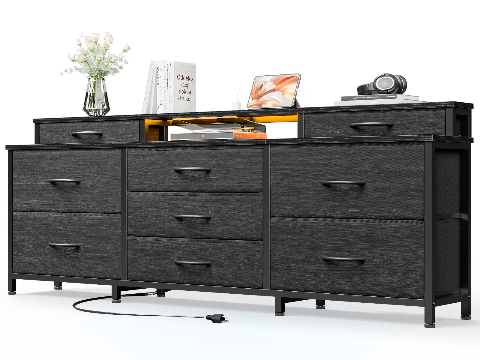 Modern Black 9 Drawer Dresser with Charging Station LED Lights 63 Inch Wide Fabric Storage Chest Shelves Media Console Bedroom Dorm Room