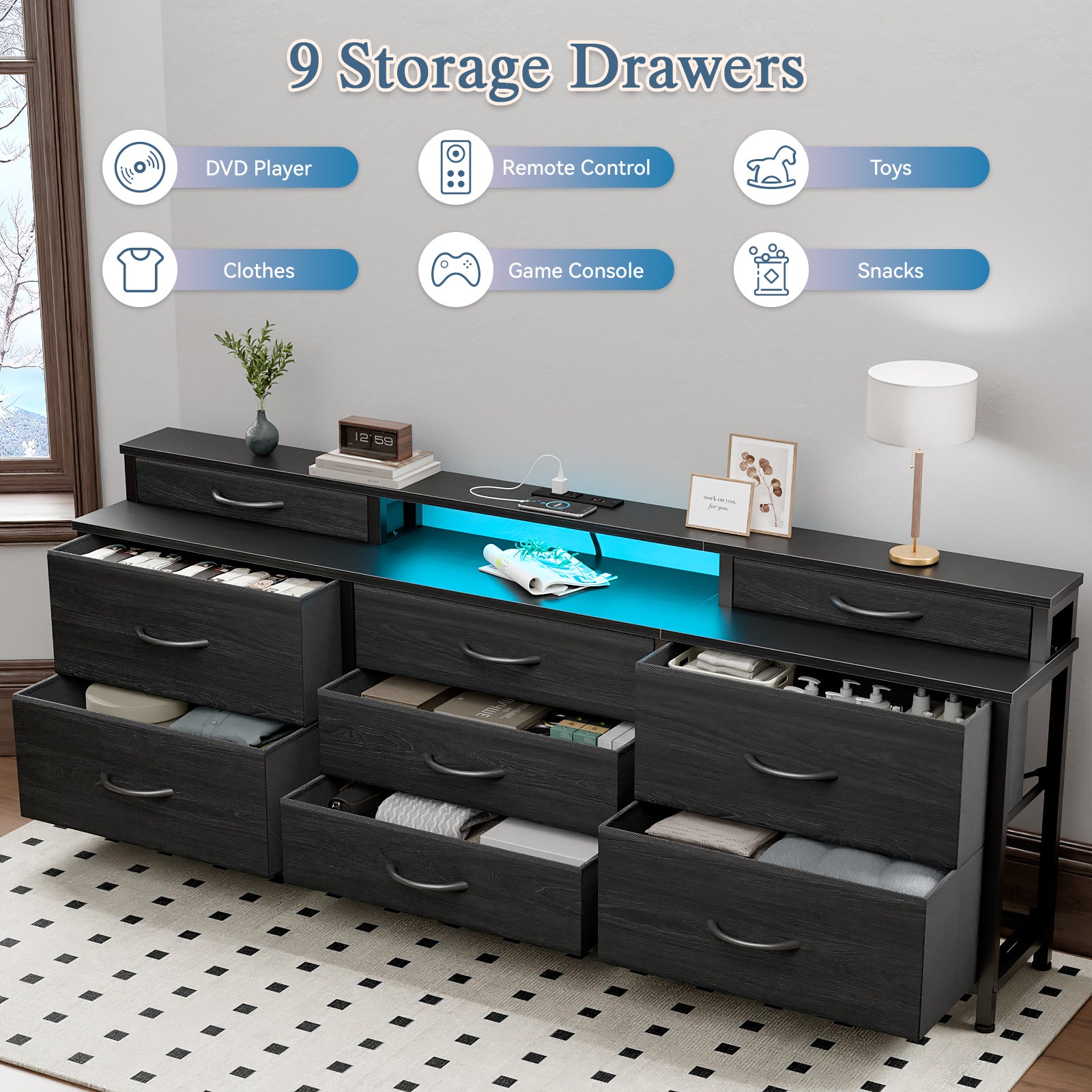 Large Fabric Chest of Drawers 63 Inch Wide 9 Drawer Dresser LED Lights Power Outlets Shelves Storage Organizer Bedroom Black Wood Top