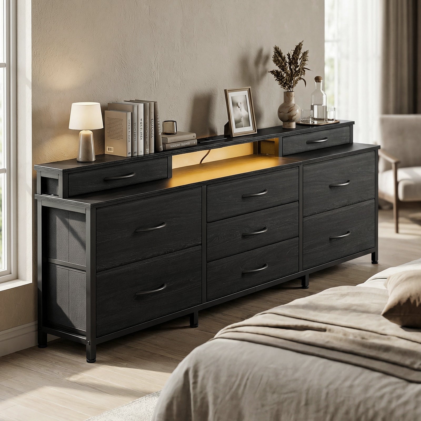 Large Fabric Chest of Drawers 63 Inch Wide 9 Drawer Dresser LED Lights Power Outlets Shelves Storage Organizer Bedroom Black Wood Top