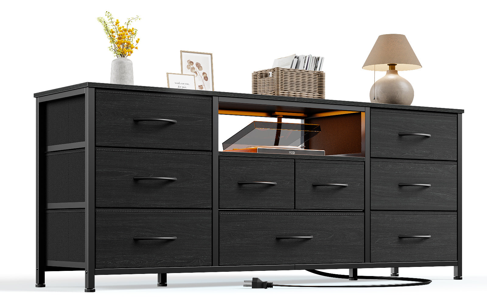 9 Drawer Chest of Drawers Black TV Stand for Bedroom with Charging Station LED Lights Media Console for 65 Inch TV Wood Storage Dresser Cabinet