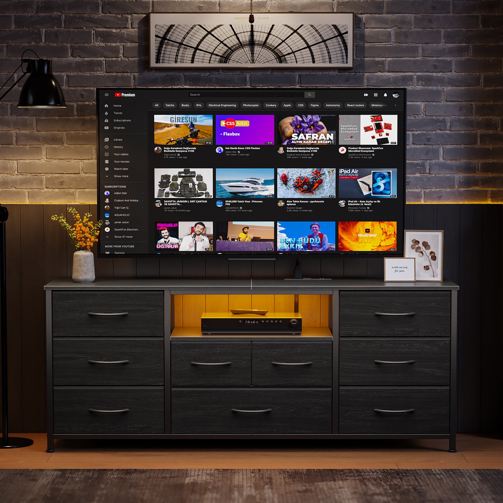 Bedroom Storage Dresser 9 Drawers TV Stand with Charging Station LED Lights Black Media Console for 65 Inch TV Wood Chest Entertainment Center