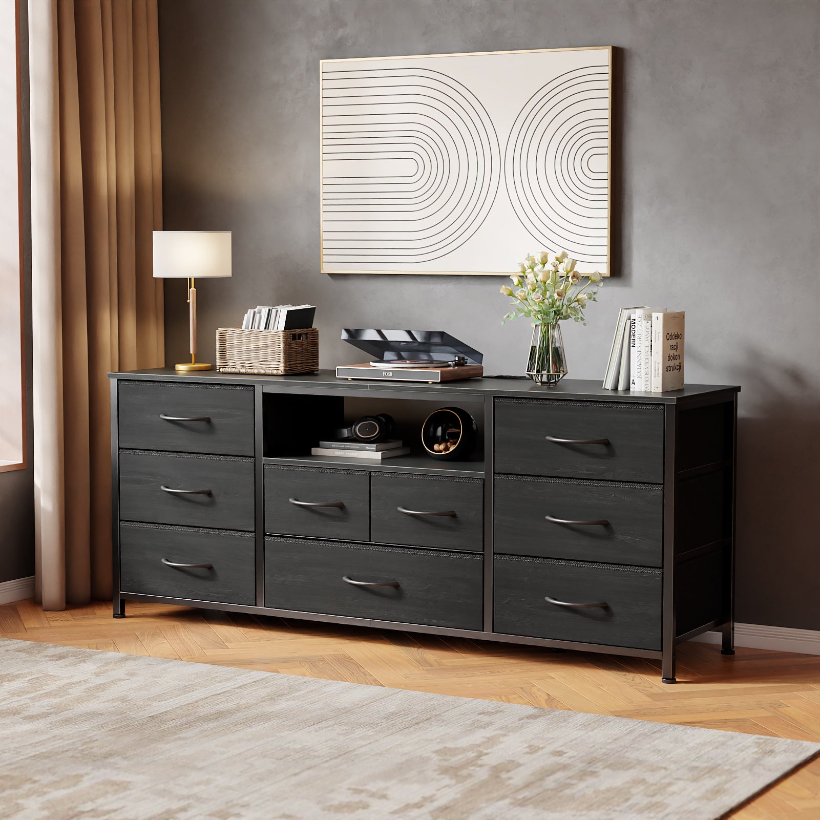 Black Dresser for Bedroom 9 Drawers TV Stand for 65 Inch TV with LED Lights Charging Station Media Console Wood Storage Chest Entertainment Unit