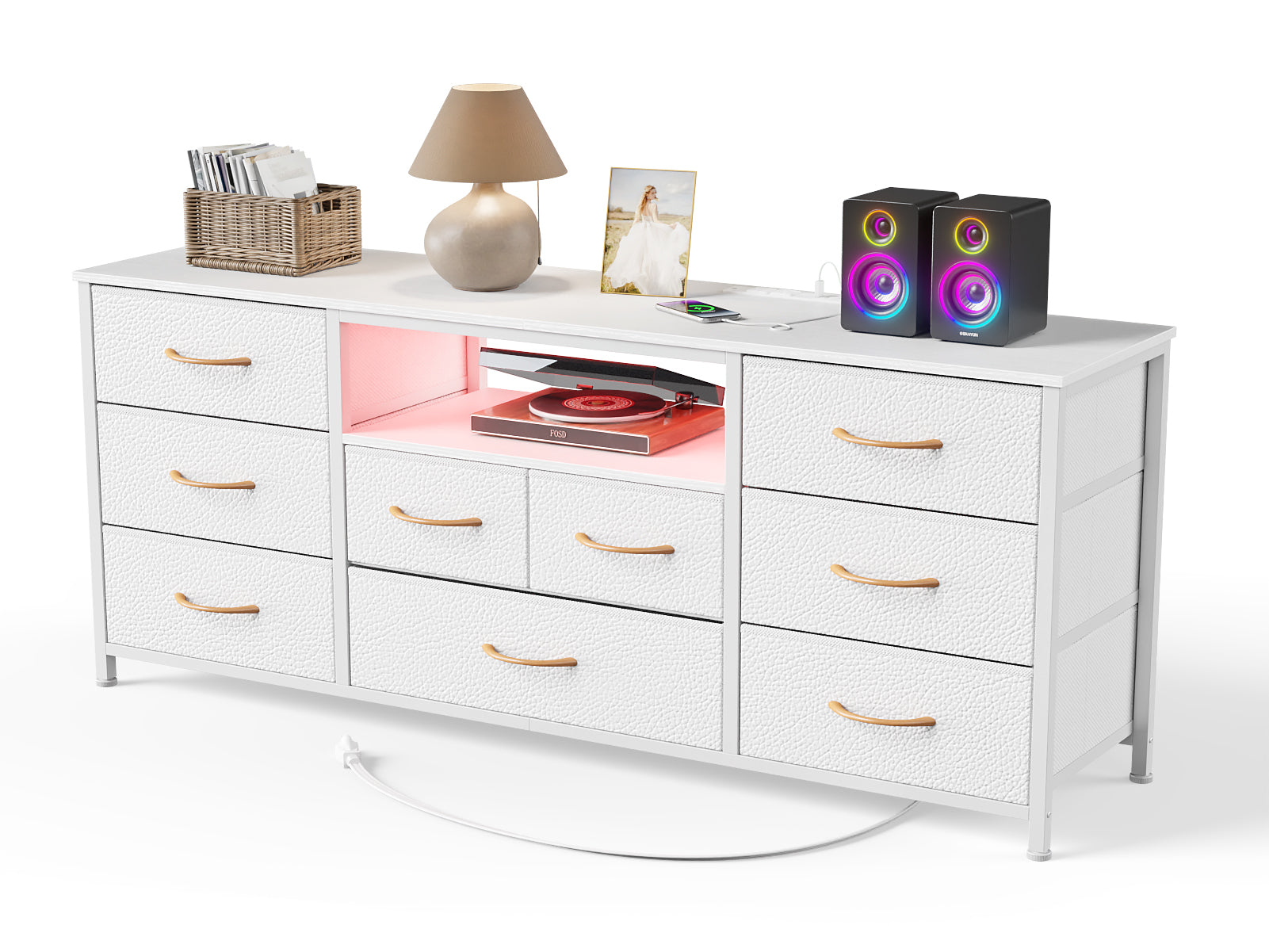 9 Drawer White Dresser for Bedroom TV Stand with LED Lights Power Outlets Media Console for 65 Inch TV 55 Inch Wide Storage Chest Wood Organization