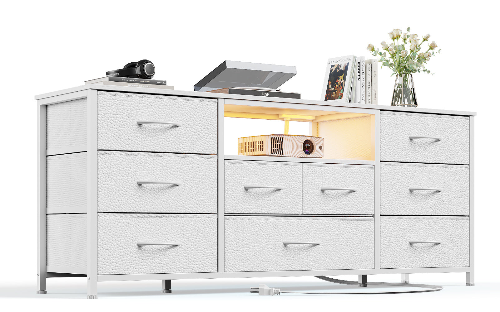 9 Drawer White Dresser for Bedroom TV Stand with LED Lights Power Outlets Media Console for 65 Inch TV 55 Inch Wide Storage Chest Wood Organization