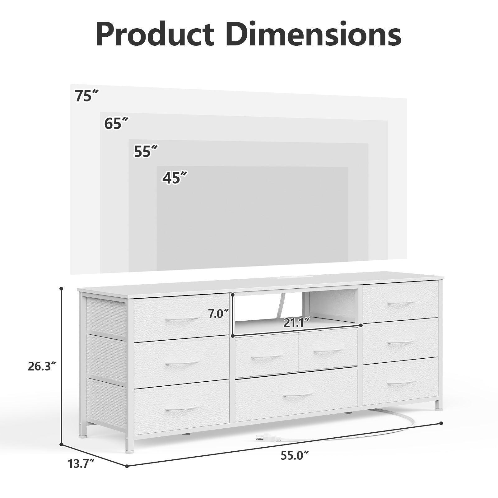 Wide White Dresser 9 Drawers TV Stand with Charging Station LED Lights Media Console for 65 Inch TV Bedroom Storage Chest Wood Shelves Organizer