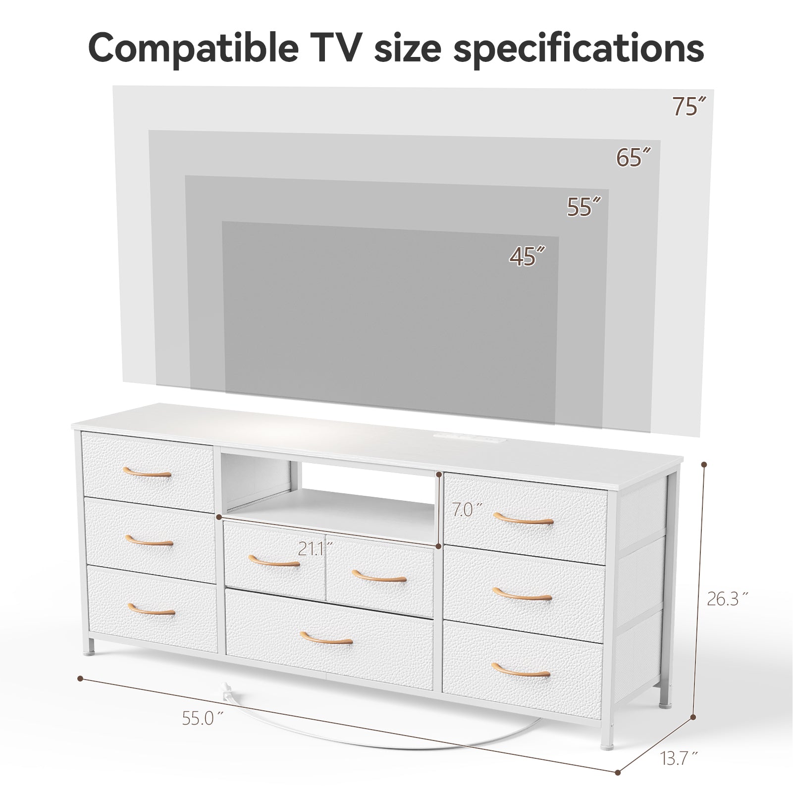 White 9 Drawer Dresser TV Stand for 65 Inch TV with Charging Station LED Lights Media Console 55 Inch Wide Bedroom Storage Chest Entertainment Unit
