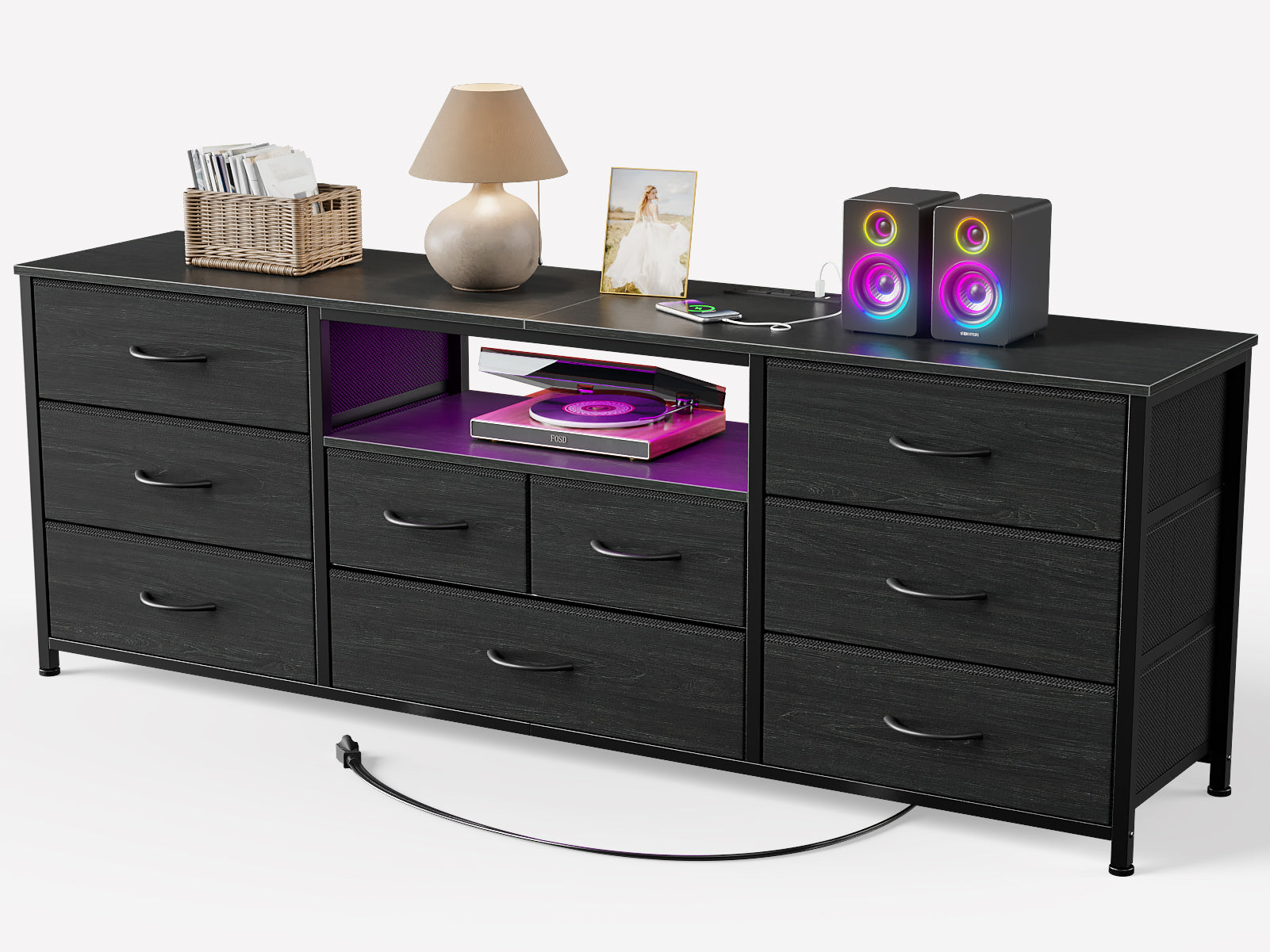 9 Drawer Wide Dresser for Bedroom 63 Inch Black Fabric Storage Chest with LED Lights and Power Outlets fits 75 Inch TV Media Console Organizer Cabinet Household