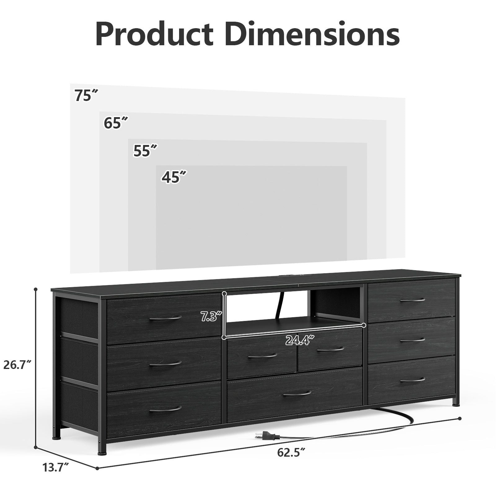 63 Inch Black TV Stand Dresser for 75 Inch TV with Power Outlets LED Lights Media Console 9 Fabric Drawers Storage Chest with Shelves for Bedroom
