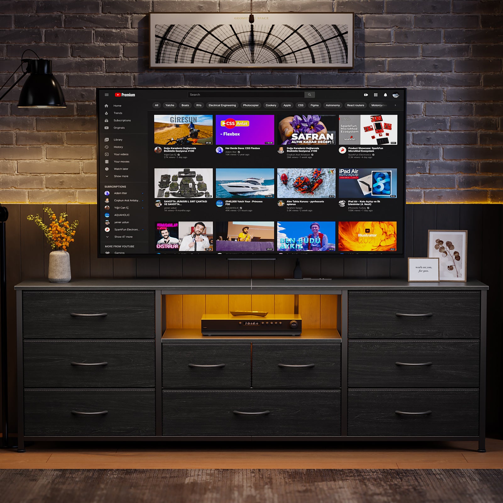 63 Inch Long Dresser TV Stand with Charging Station LED Lights 9 Fabric Drawers Media Console for 75 Inch TV Black Bedroom Storage Chest Organizer