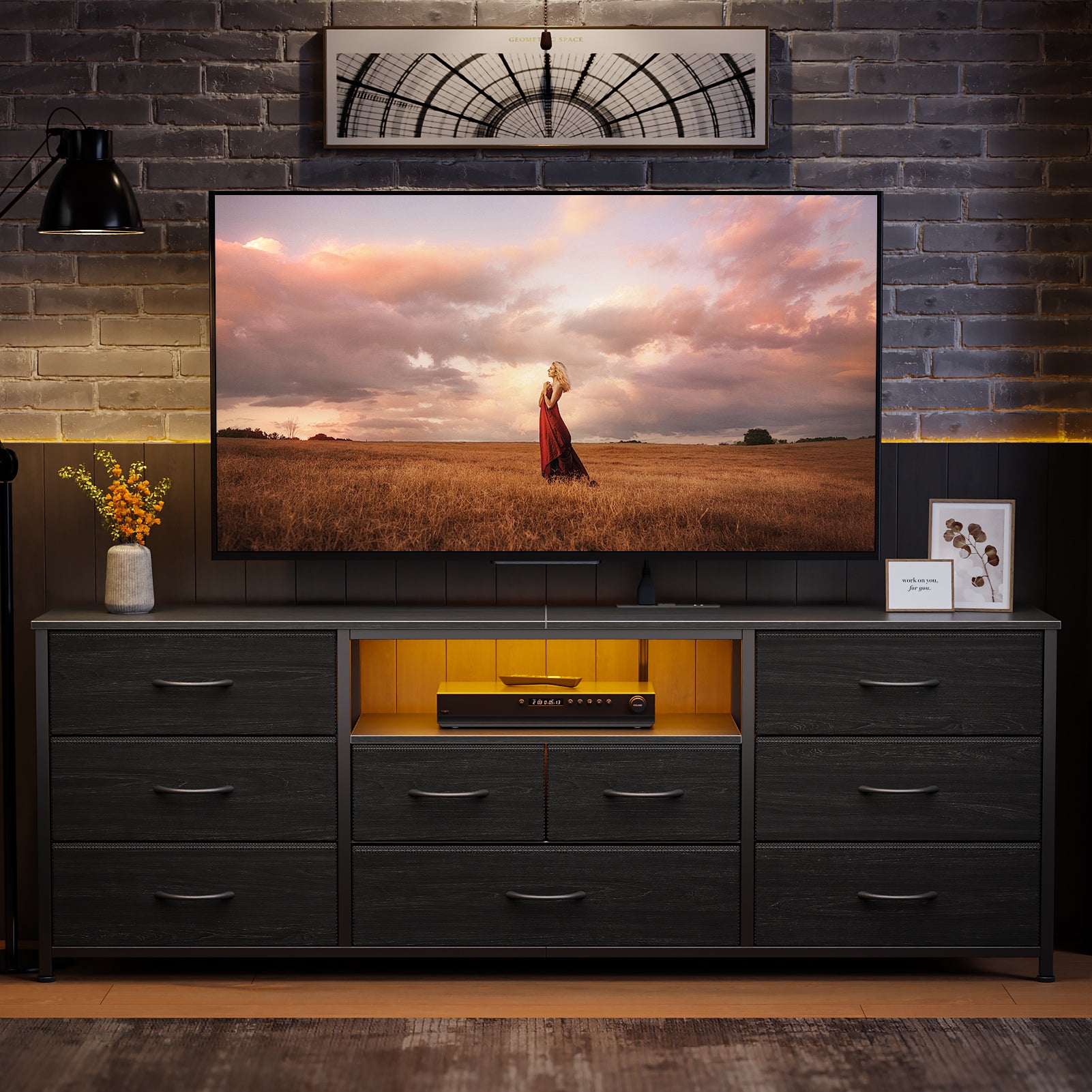 9 Drawer Wide Dresser for Bedroom 63 Inch Black Fabric Storage Chest with LED Lights and Power Outlets fits 75 Inch TV Media Console Organizer Cabinet Household