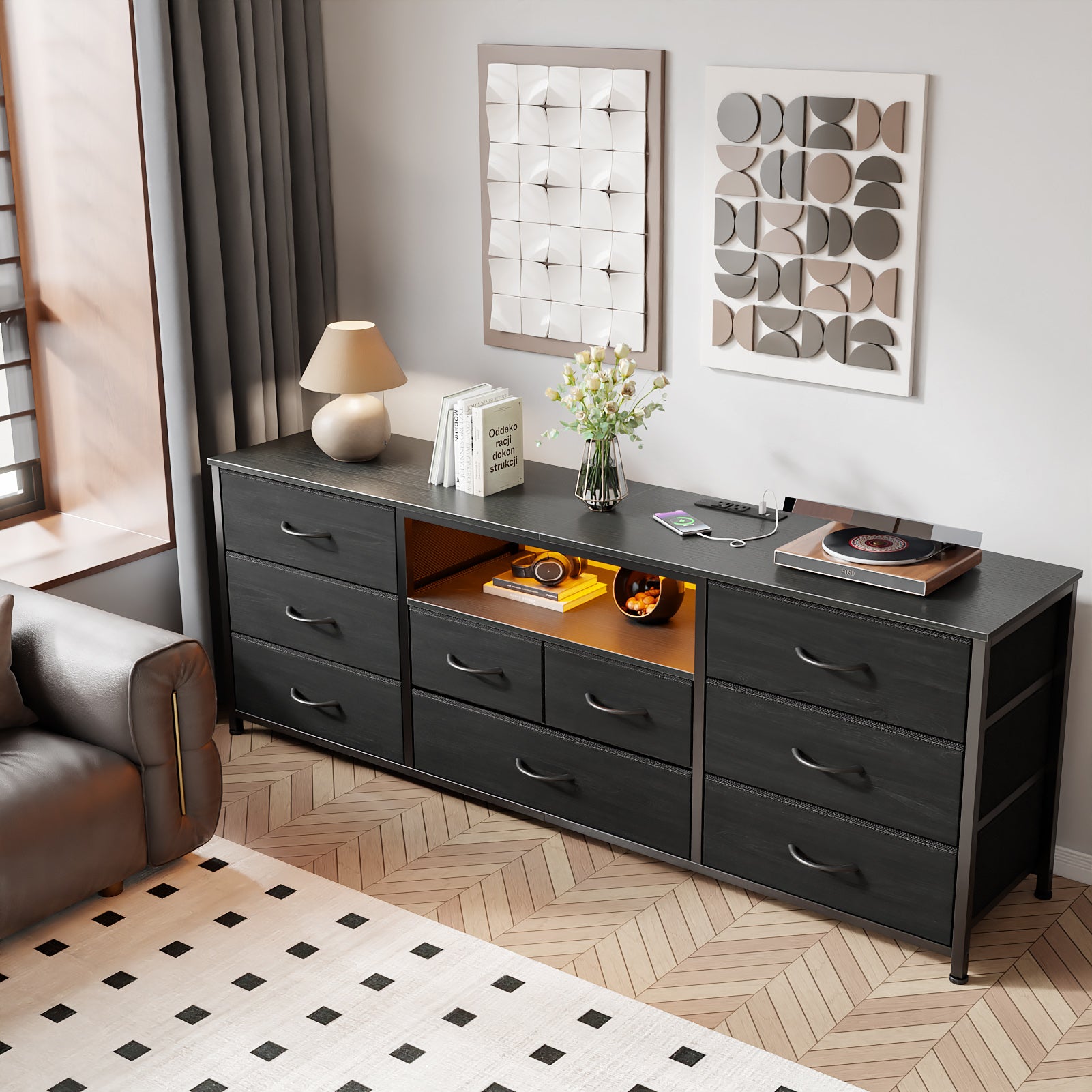 9 Drawer Wide Dresser for Bedroom 63 Inch Black Fabric Storage Chest with LED Lights and Power Outlets fits 75 Inch TV Media Console Organizer Cabinet Household