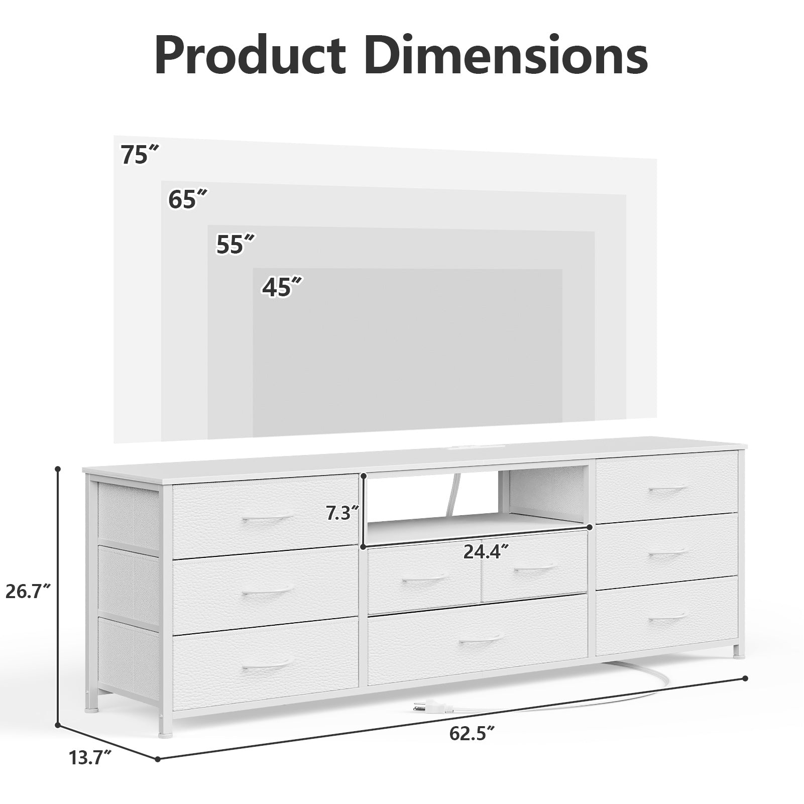 9 Drawer Dresser 63” Long TV Stand for Bedroom Entertainment Center with Power Outlet LED Light for 65"-75" TV White Dresser with Fabric