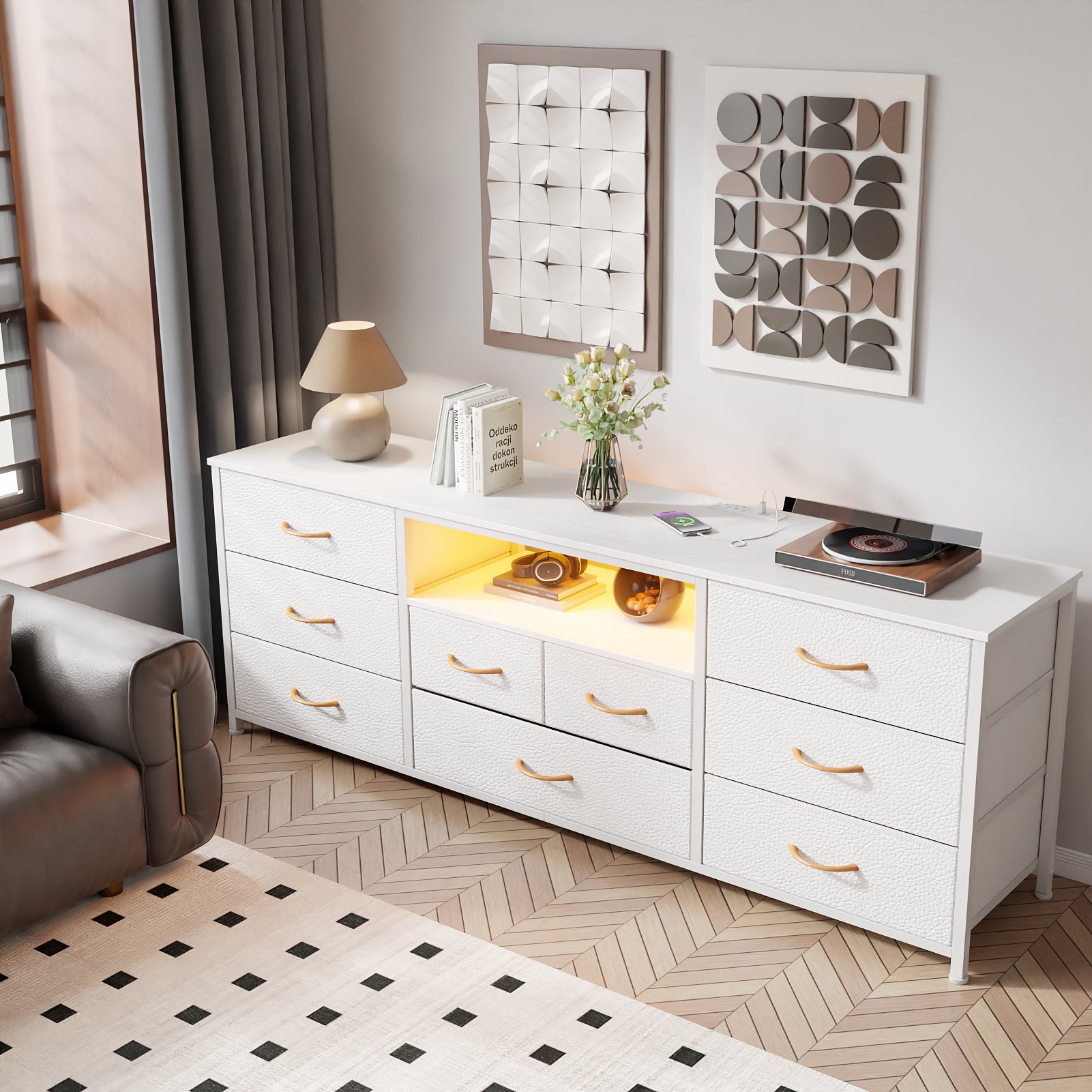 White Entertainment Center TV Stand Dresser 9 Drawers with LED Lights Power Outlets for 75 Inch TV Bedroom Media Console Storage Chest Unit 63