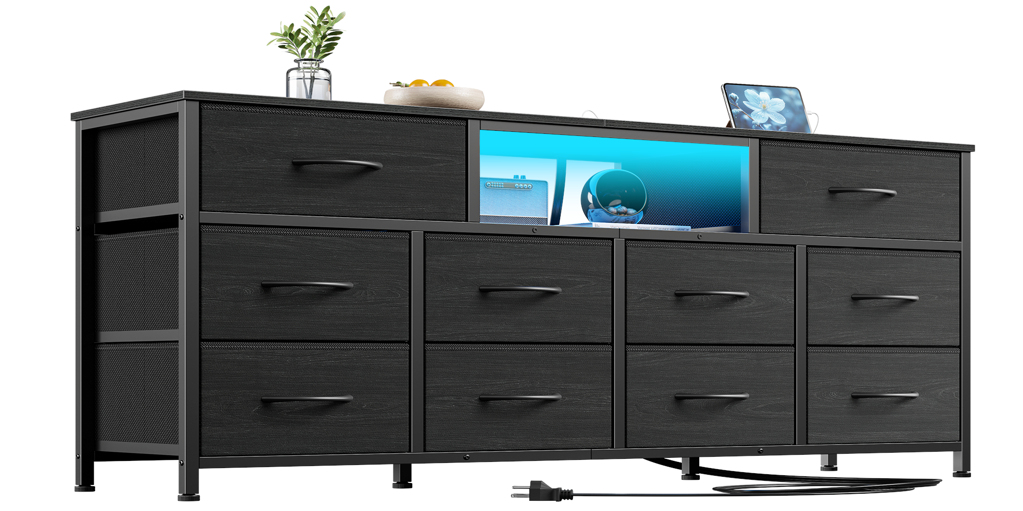 Furnulem 55” Long Dresser for Bedroom, TV Stand for 55 to 65 inch TV, Black Dresser with 10 Fabric Drawers, Chest of Drawer for Closet, Entertainment Center with Power Outlet & LED Light