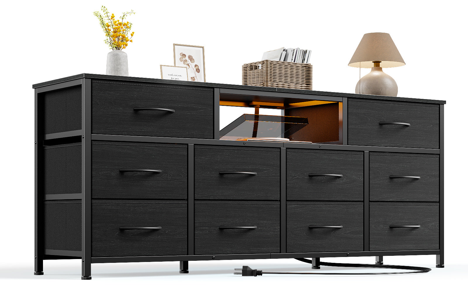 Bedroom TV Stand for 55 to 65 inch TV Black Dresser with 10 Fabric Drawers Chest Center with Power Outlet LED Light