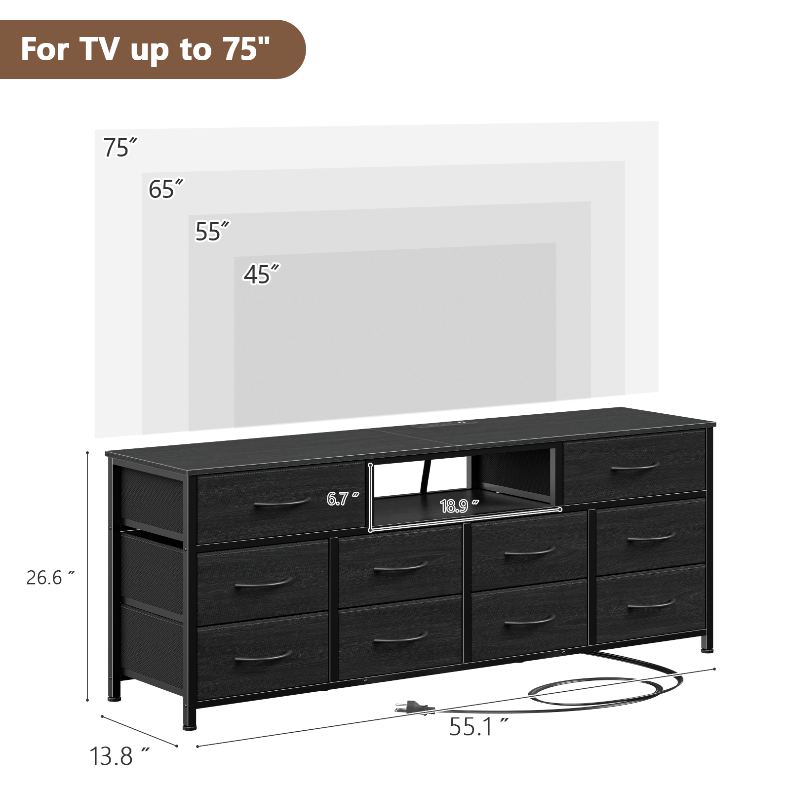 Long Dresser for Bedroom, TV Stand for 55 to 65 inch TV, White Dresser with 10 Fabric Drawers, Chest of Drawer for Closet, Entertainment Center with Power Outlet & LED Light