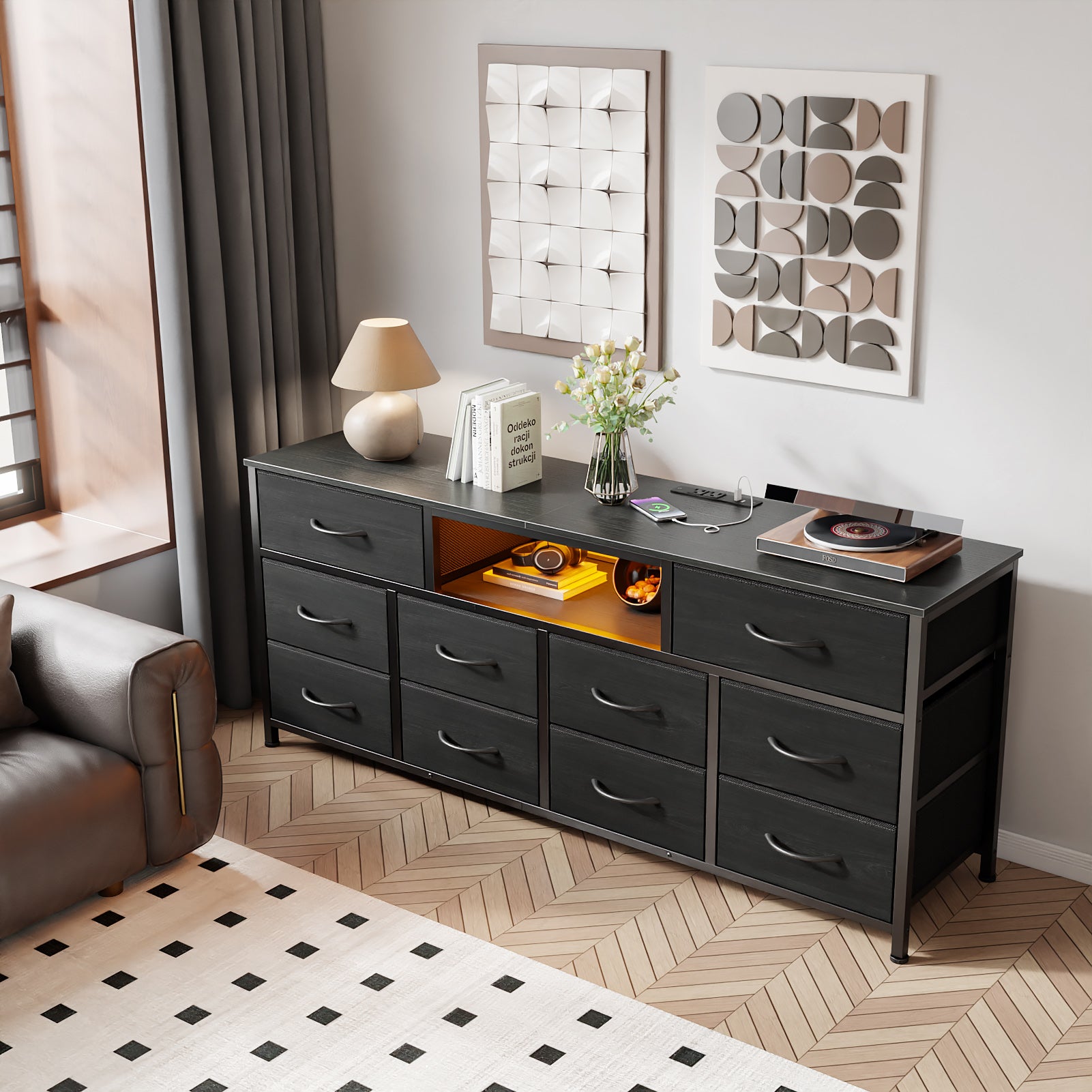 10 Drawer Dresser fits 65 inch TV Black 55 inch Media Console Table Bedroom Fabric Storage Chest Modern Utility Organization Stand Furniture Cabinet