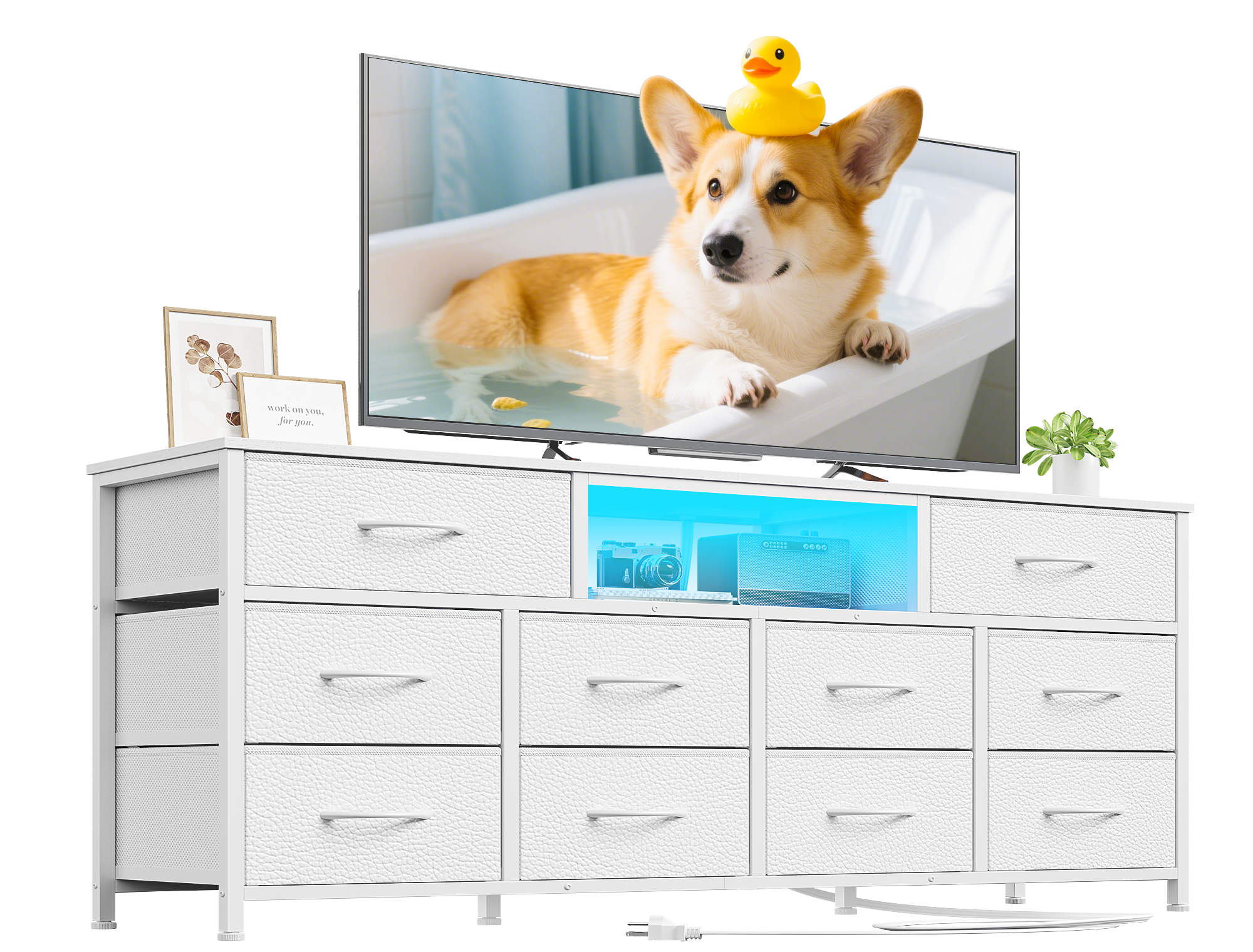 Long Dresser for Bedroom, TV Stand for 55 to 65 inch TV, White Dresser with 10 Fabric Drawers, Chest of Drawer for Closet, Entertainment Center with Power Outlet & LED Light