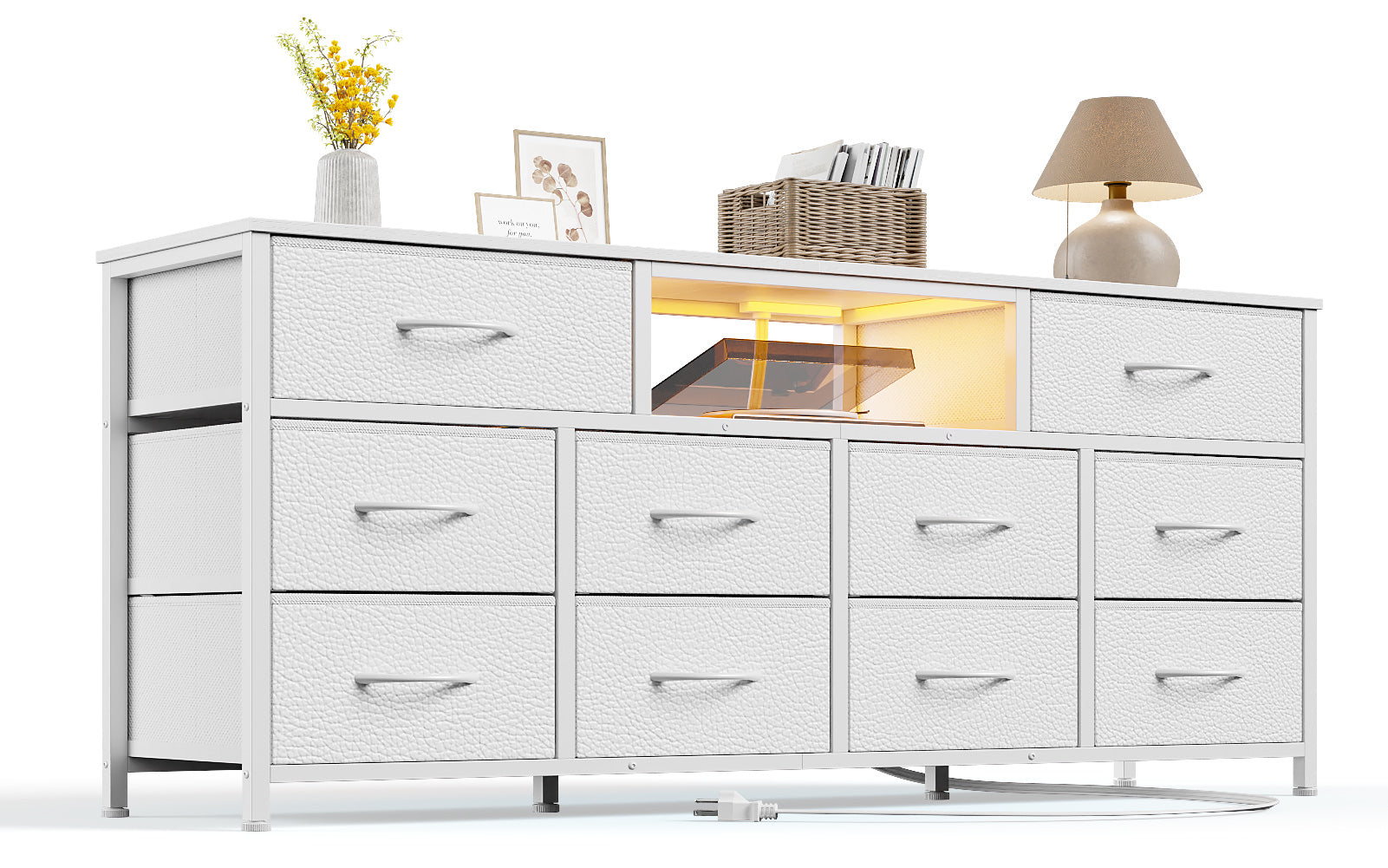 55 Inch Wide White TV Stand Dresser 10 Drawers with Power Outlets LED Lights Media Console for 65 Inch TV Bedroom Storage Chest Entertainment Center