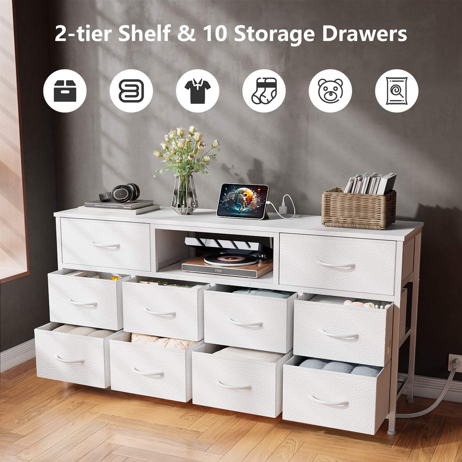 White Chest of Drawers 10 Drawer Dresser TV Stand with LED Lights Charging Station Media Console for 65 Inch TV 55 Inch Bedroom Storage Unit Organizer