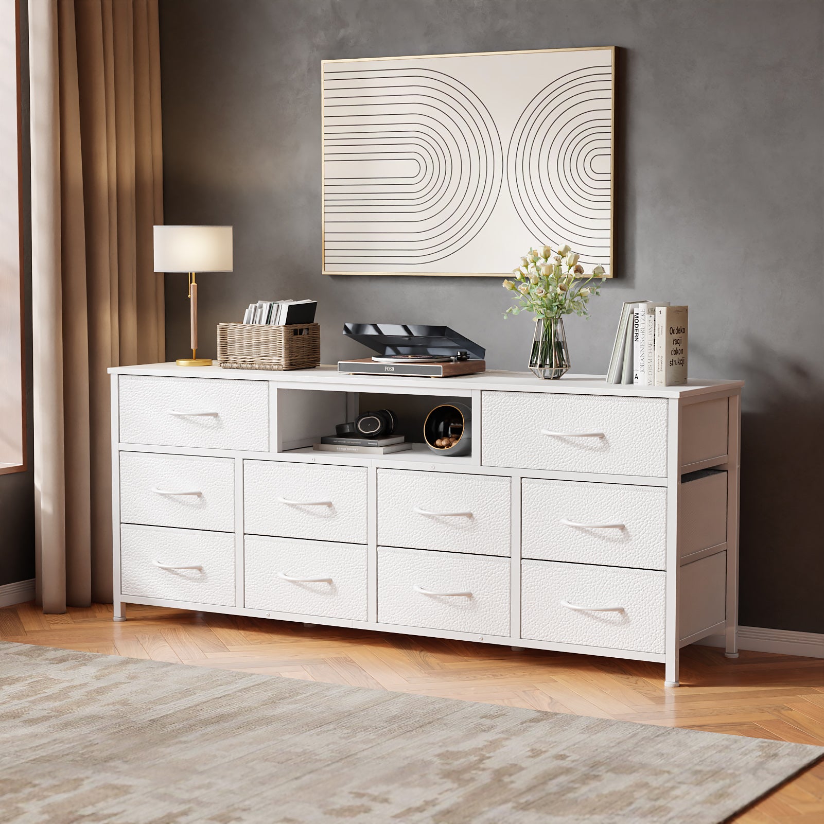 55” Long Dresser for Bedroom TV Stand for 55” to 65” TV White Dresser with 10 Fabric Drawers Entertainment Center with Power Outlet LED Light