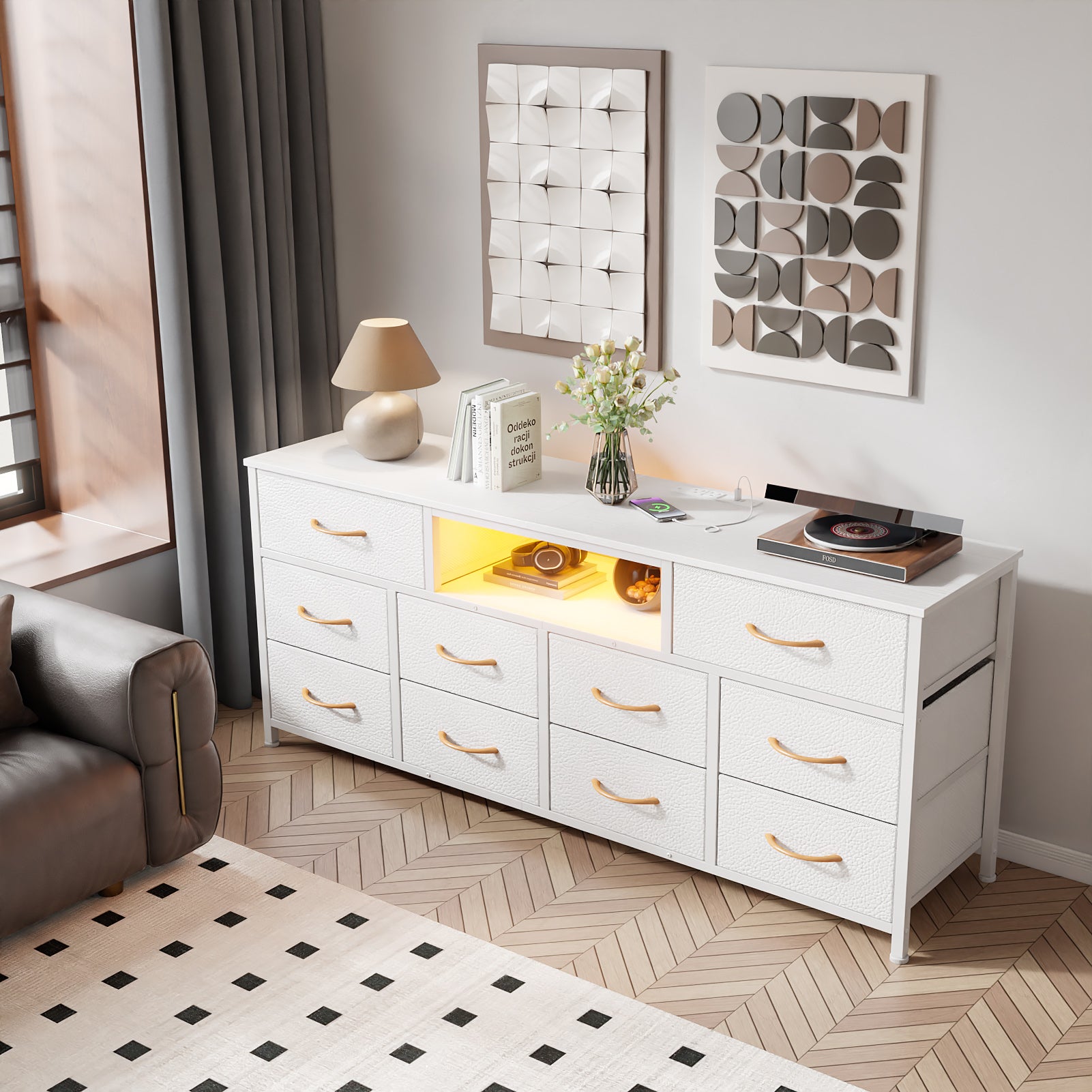 55 Inch Wide White TV Stand Dresser 10 Drawers with Power Outlets LED