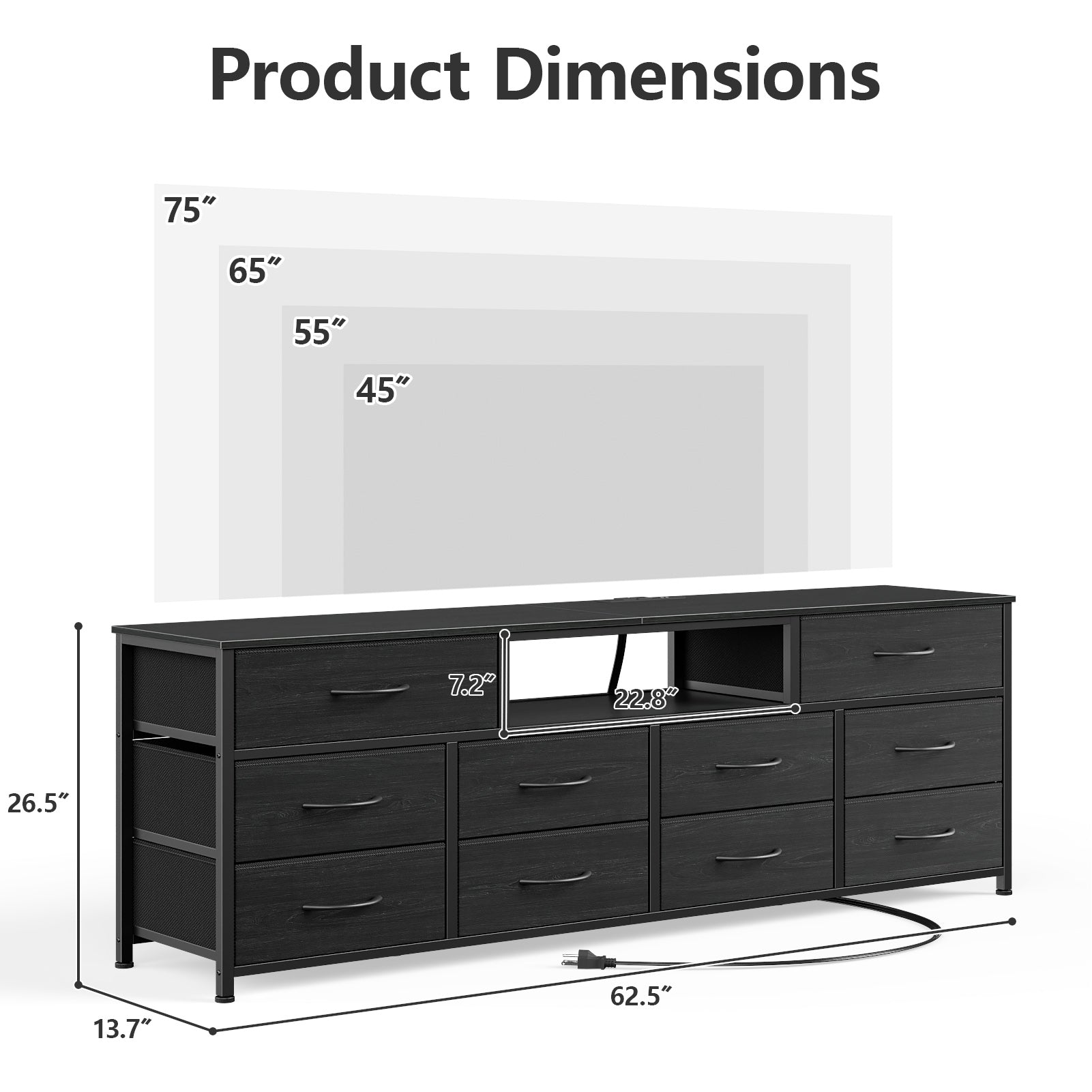 Wide Black Dresser 10 Drawers TV Stand with Power Outlets LED Lights Media Console for 75 Inch TV Bedroom Storage Chest 63 Inch Entertainment Unit