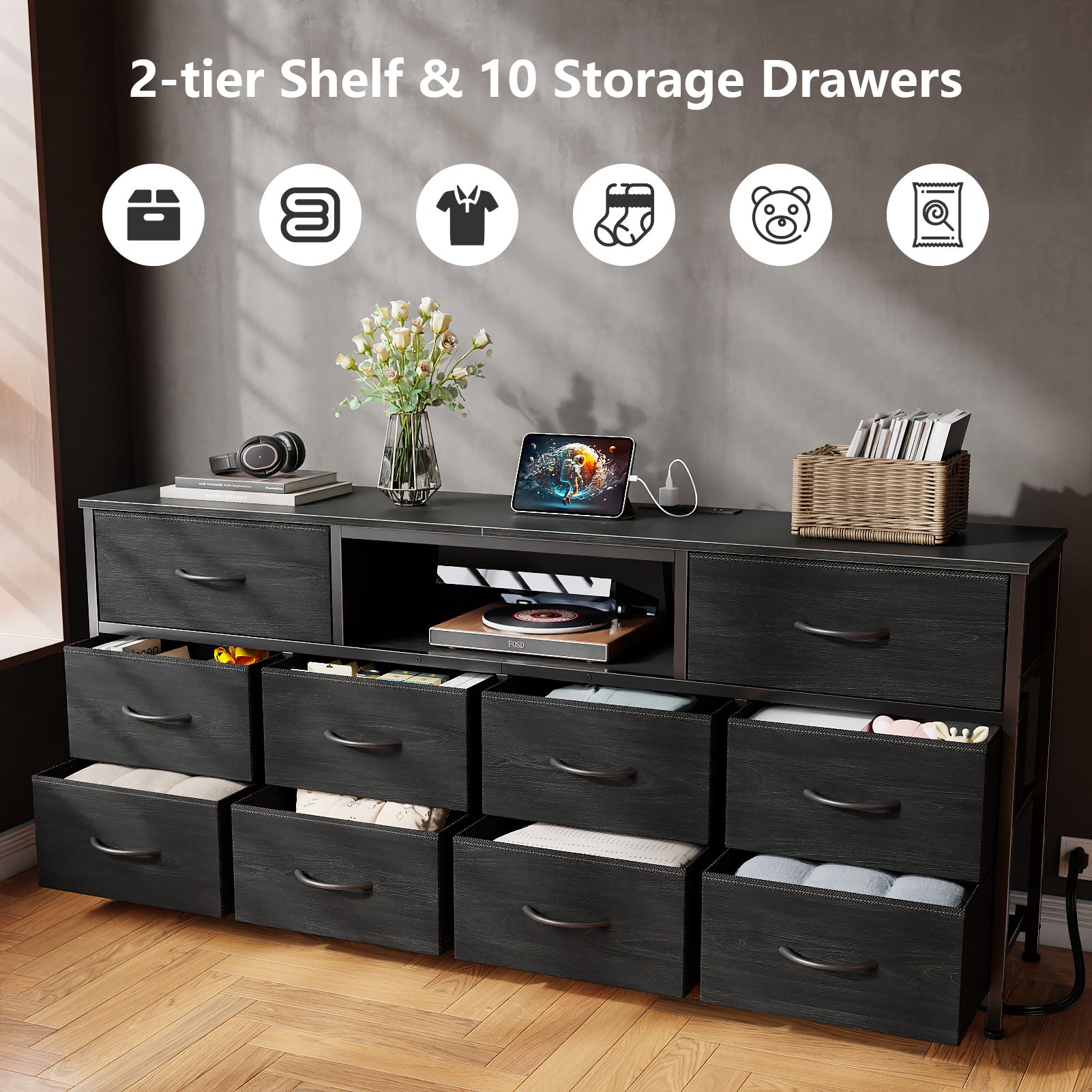 63” Long Dresser TV Stand for 65 to 75 inch TV Black Dresser with 10 Fabric Drawers Chest Closet Center with Power Outlet LED Light