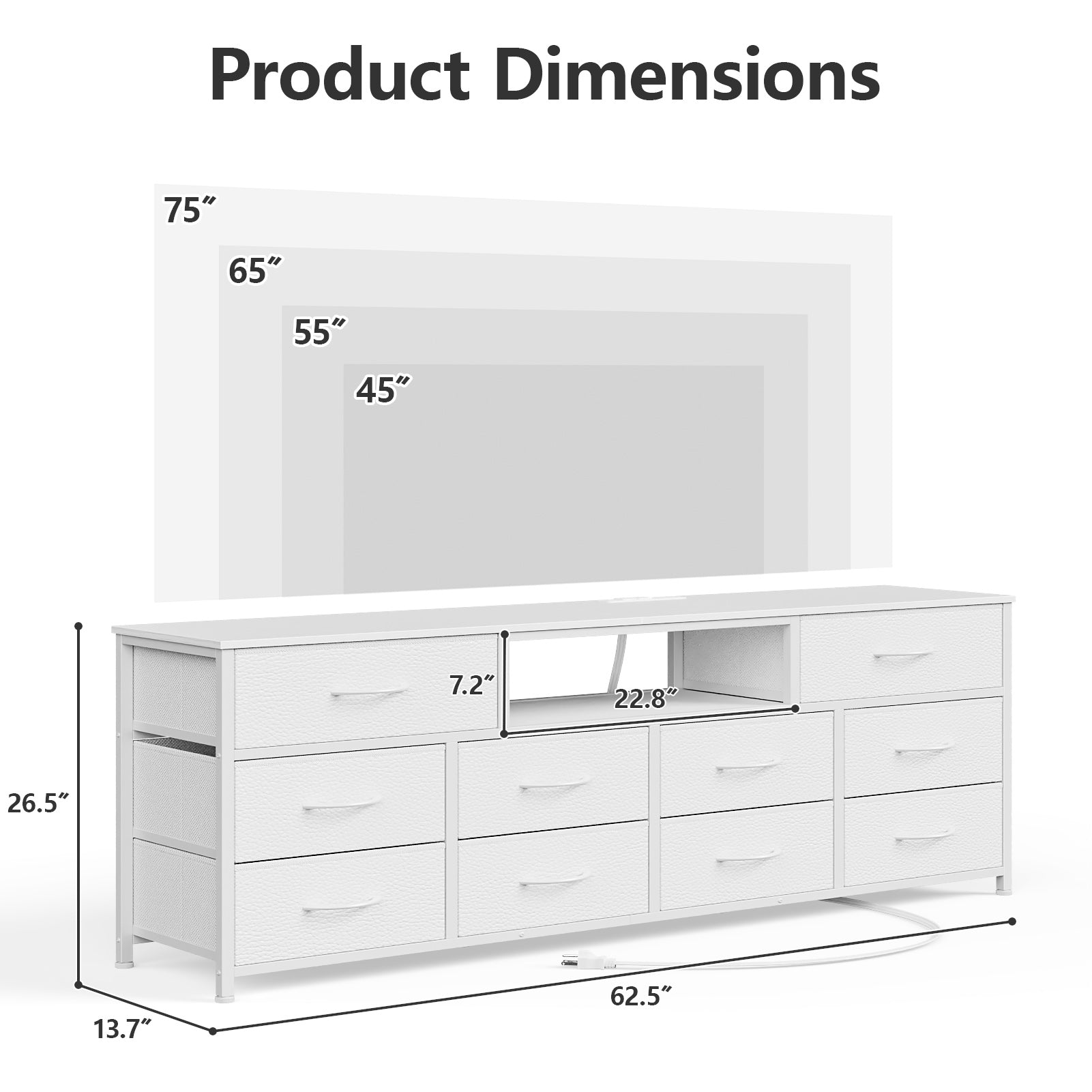 White 10 Drawer Dresser TV Stand for 75 Inch TV with Charging Station LED Lights Media Console 63 Inch Wide Bedroom Storage Chest Organizer Unit