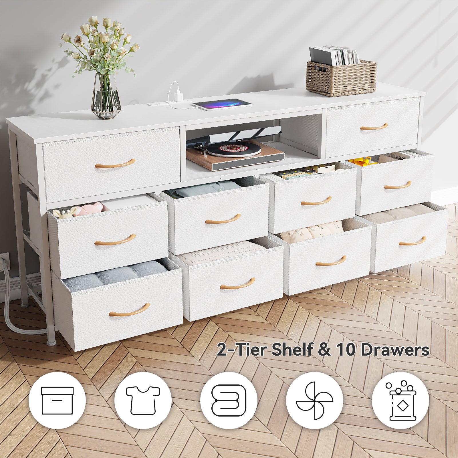 63-inchlong bedroom dressing table suitable for 65 to 75 inch TV dressing table with 10 fabric drawers includes power outlet and LED lighting White