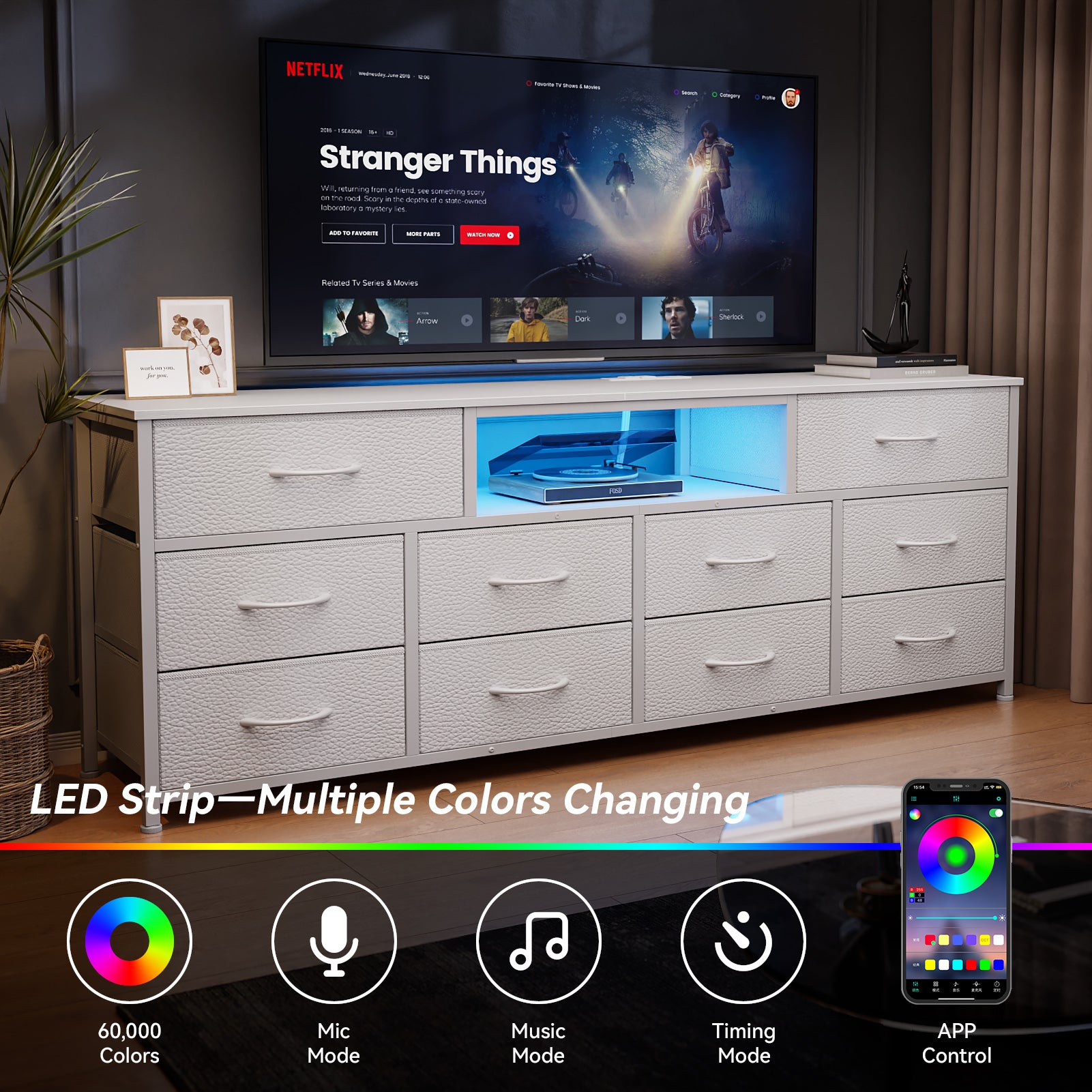 White 10 Drawer Dresser TV Stand for 75 Inch TV with Charging Station LED Lights Media Console 63 Inch Wide Bedroom Storage Chest Organizer Unit