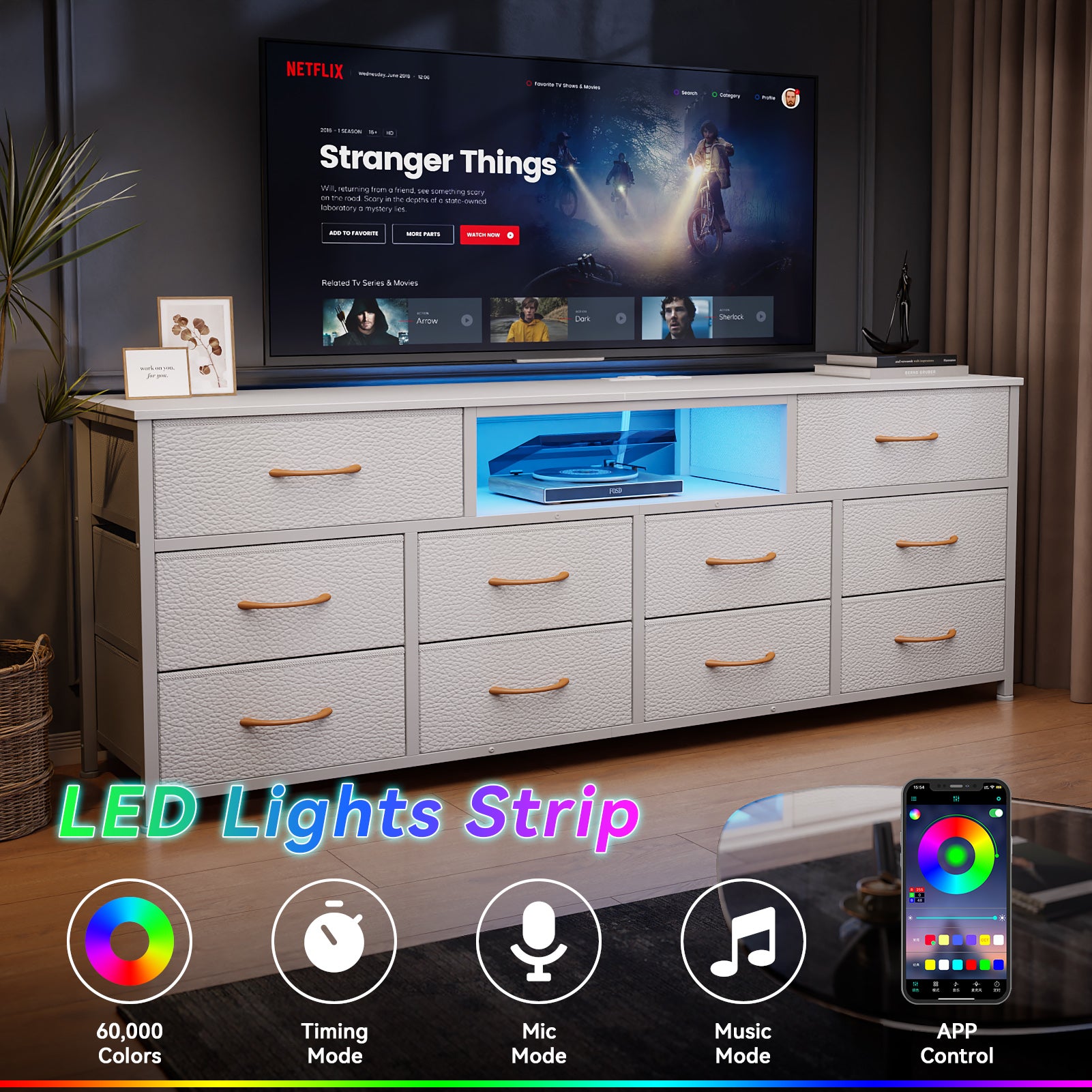 Large White 10 Drawer Dresser TV Stand For 75 Inch TV Media Console Fabric Storage Chest With Power Outlets LED Lights Bedroom Furniture Organizer