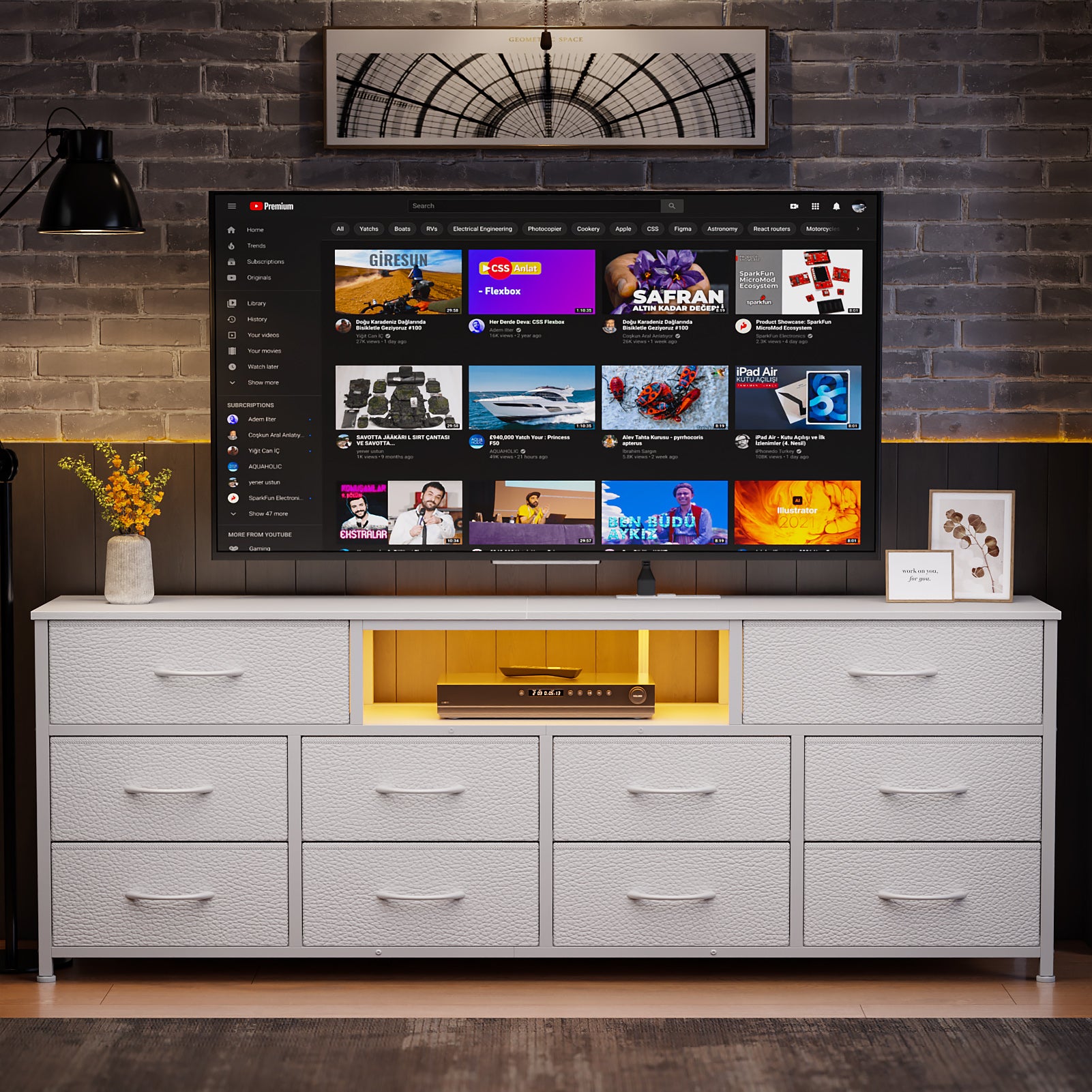 White 10 Drawer Dresser TV Stand for 75 Inch TV with Charging Station LED Lights Media Console 63 Inch Wide Bedroom Storage Chest Organizer Unit