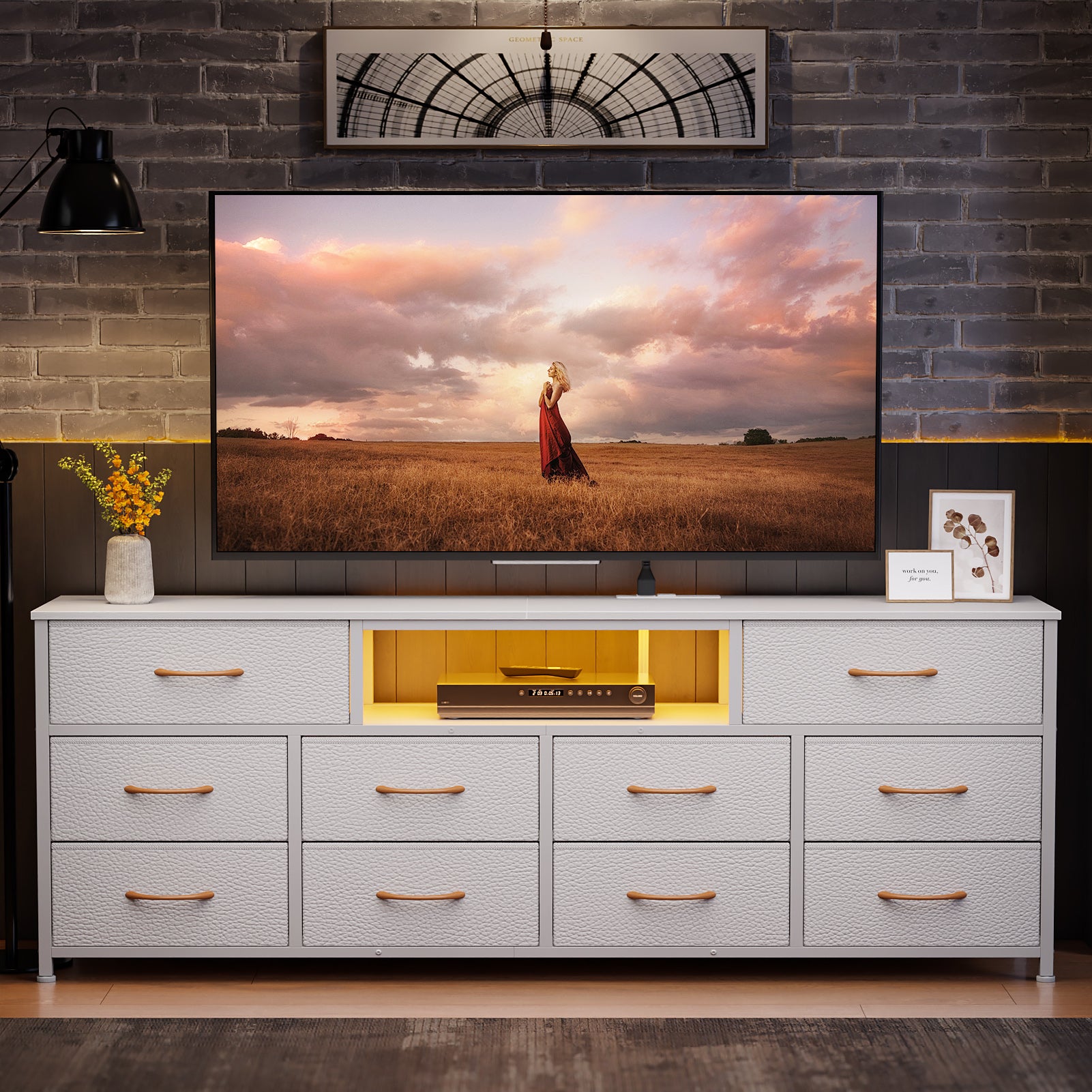 Large White 10 Drawer Dresser TV Stand For 75 Inch TV Media Console Fabric Storage Chest With Power Outlets LED Lights Bedroom Furniture Organizer