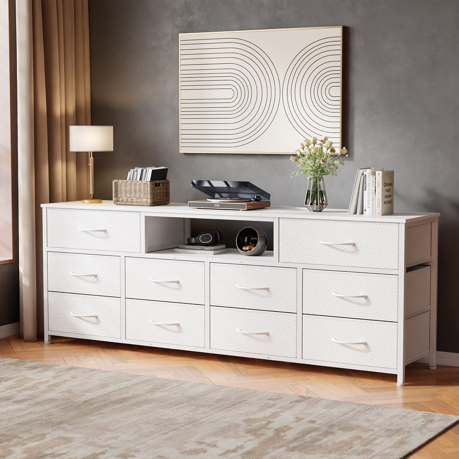 Wide White Dresser 10 Drawers TV Stand for 75 Inch TV with LED Lights Charging Station Media Console Bedroom Storage Chest 63 Inch Unit Organizer