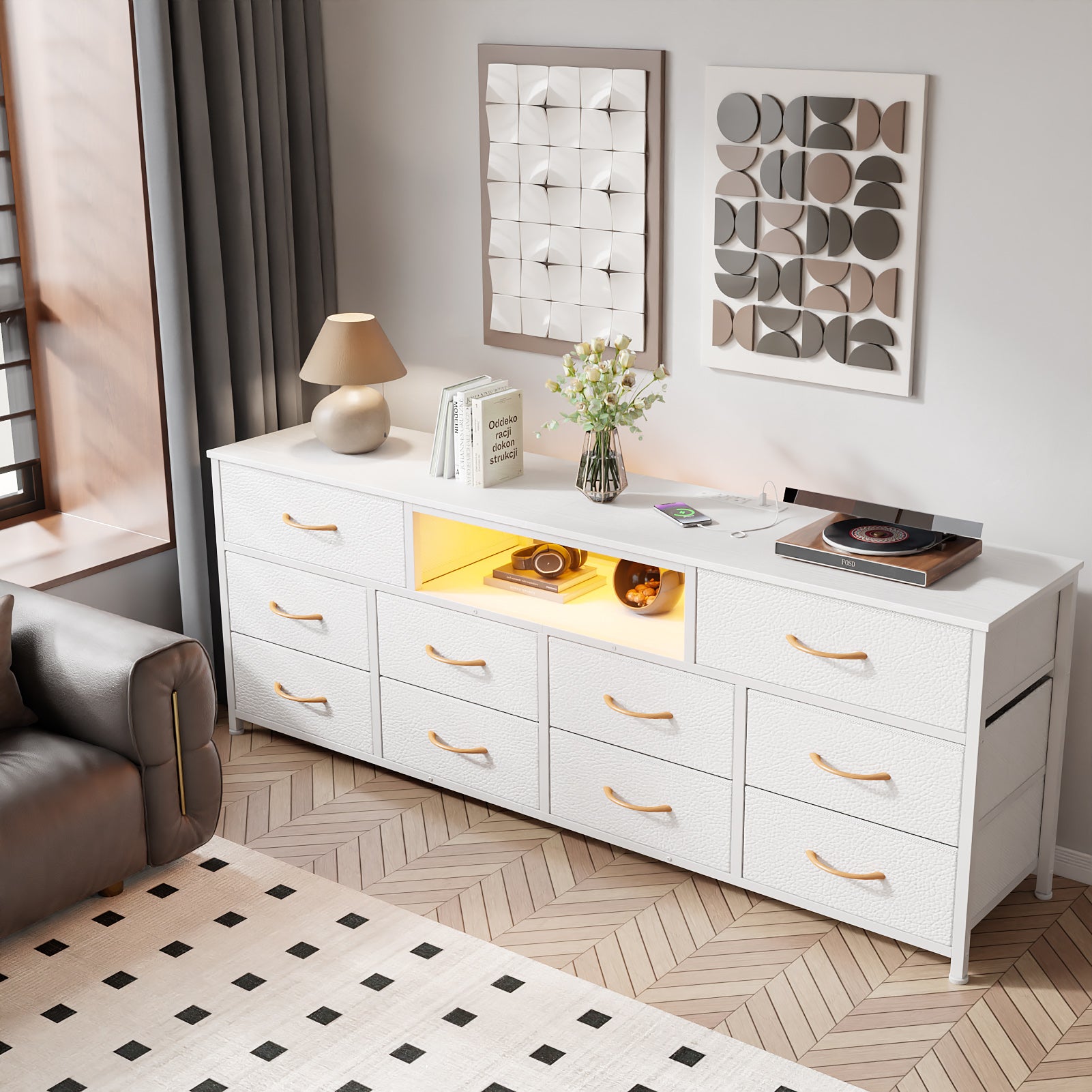 Large White 10 Drawer Dresser TV Stand For 75 Inch TV Media Console Fabric Storage Chest With Power Outlets LED Lights Bedroom Furniture Organizer