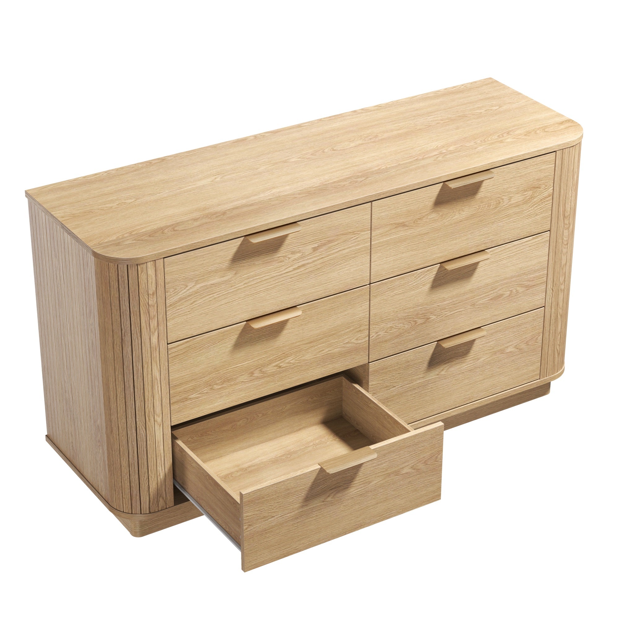 Qwatto 6 Drawer Double Dresser Mid Century Modern Fluted Wood Chest of Drawers Curved Profile Wide Bedroom Storage Organizer Cabinet for Nursery Oak