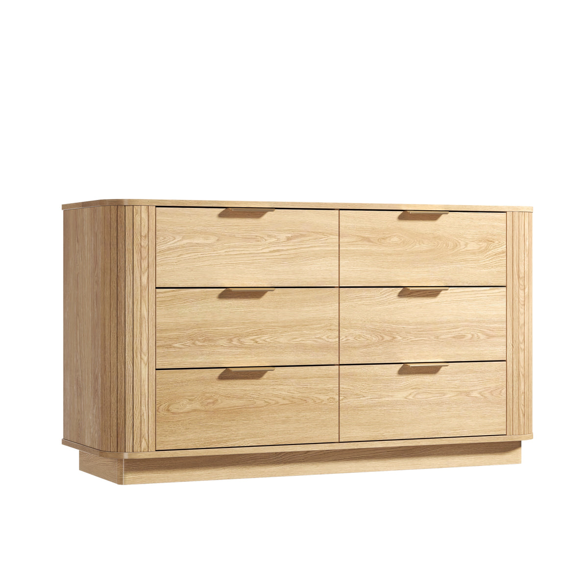 Qwatto 6 Drawer Double Dresser Mid Century Modern Fluted Wood Chest of Drawers Curved Profile Wide Bedroom Storage Organizer Cabinet for Nursery Oak