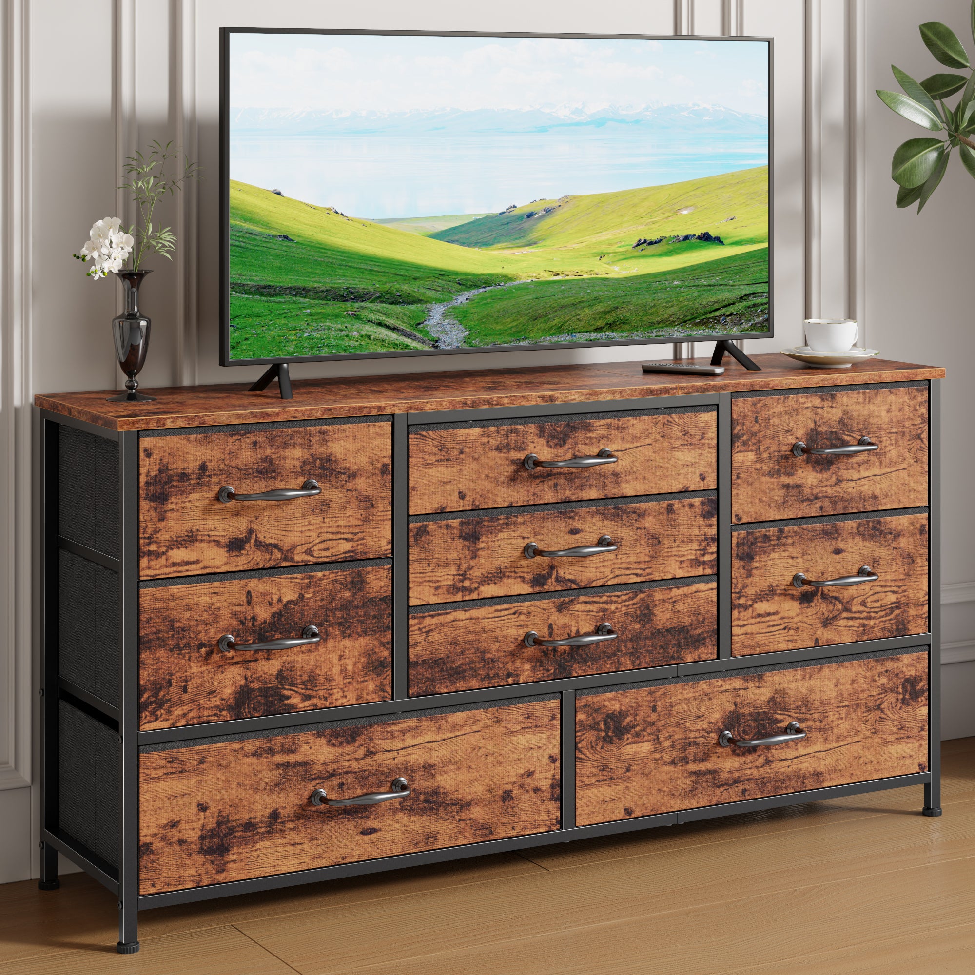 45''W Dresser for Bedroom Rustic Brown Dresser TV Stand for 42-47-50 inch TV Wide Chest of Drawers with 9 Drawer Large Fabric Dressers with Wood Top