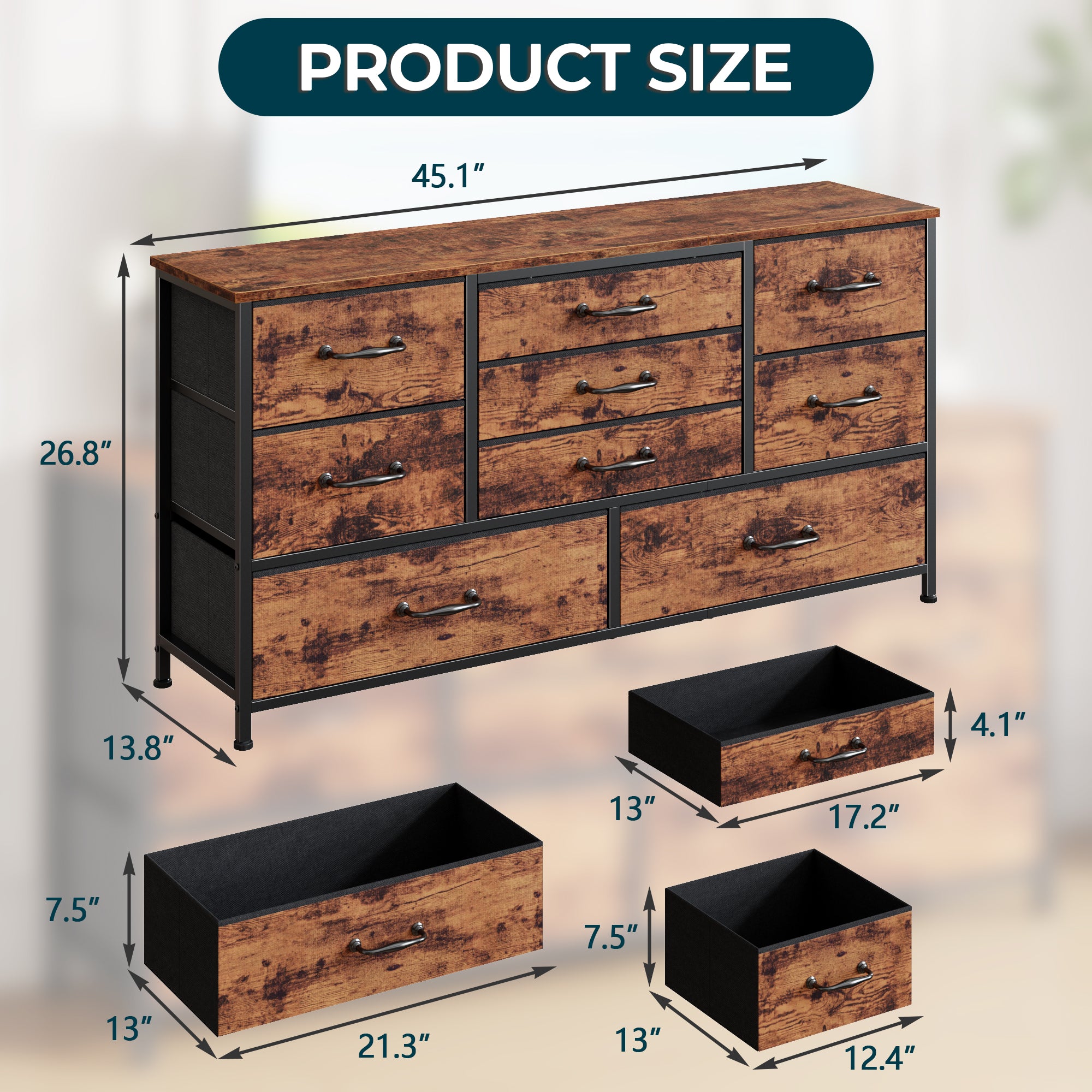 45''W Dresser for Bedroom Rustic Brown Dresser TV Stand for 42-47-50 inch TV Wide Chest of Drawers with 9 Drawer Large Fabric Dressers with Wood Top