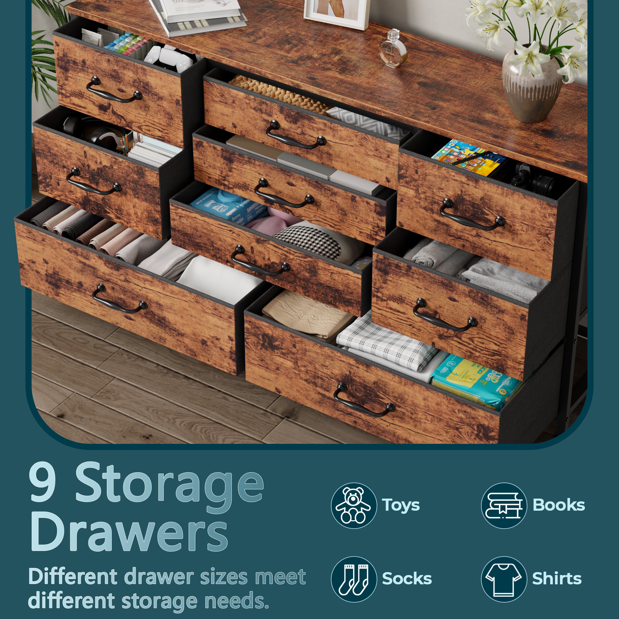 45 Inch Wide 9 Drawer Dresser Rustic Brown Fabric Storage Chest of Drawers Wood Top Large Organizer Unit Bedroom Entryway TV Stand Industrial