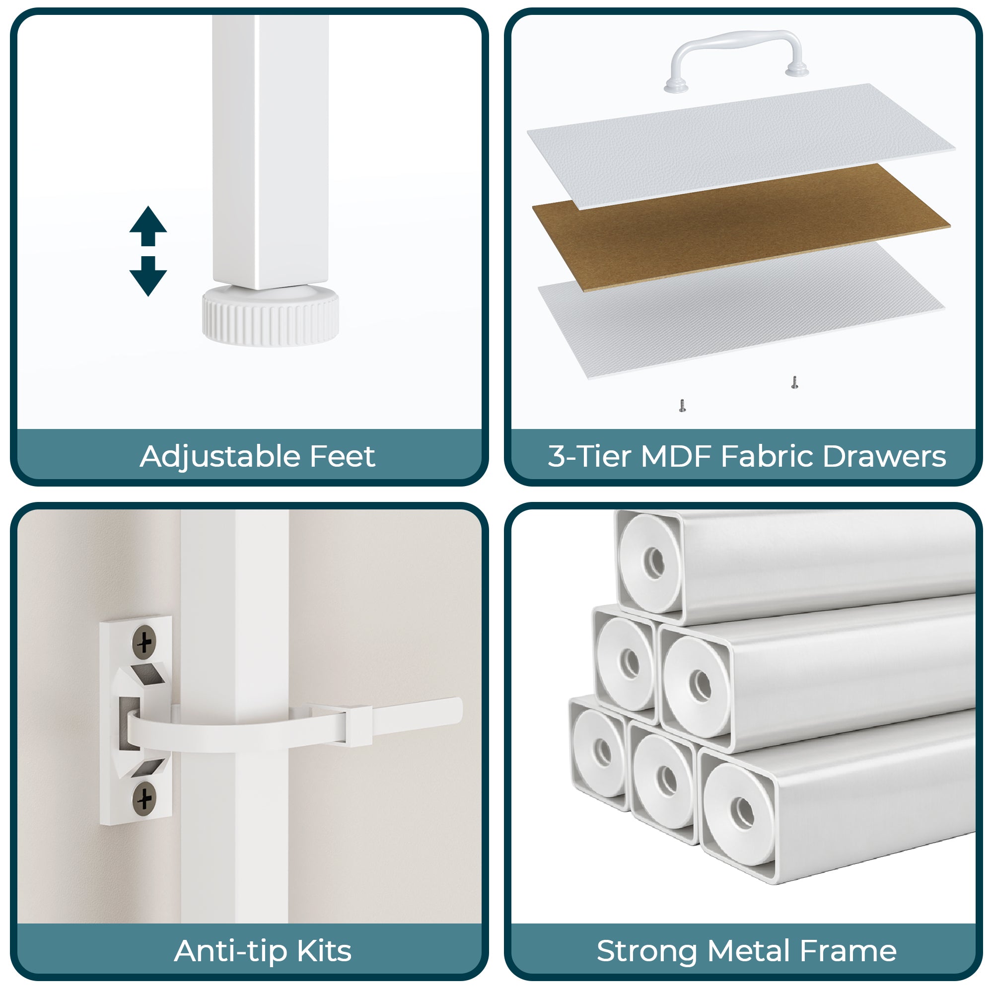 Modern White 9 Drawer Dresser Storage Chest of Drawers Wood Top Fabric Organizer Cabinet Large Bedroom Entryway 45 Inch TV Stand Console