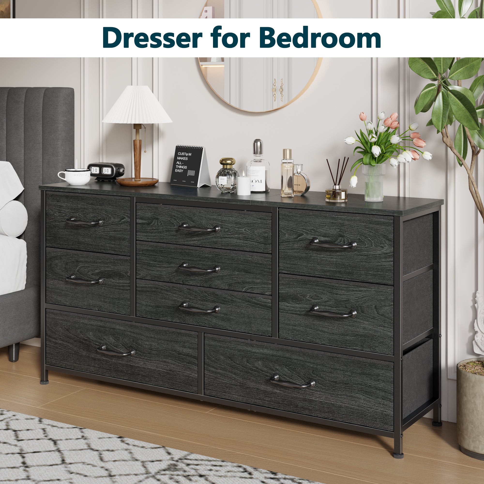 45 Inch 9 Drawer Dresser Black Fabric Storage Chest TV Stand for 50 Inch TV Wood Top Wide Media Console Living Room Bedroom Furniture