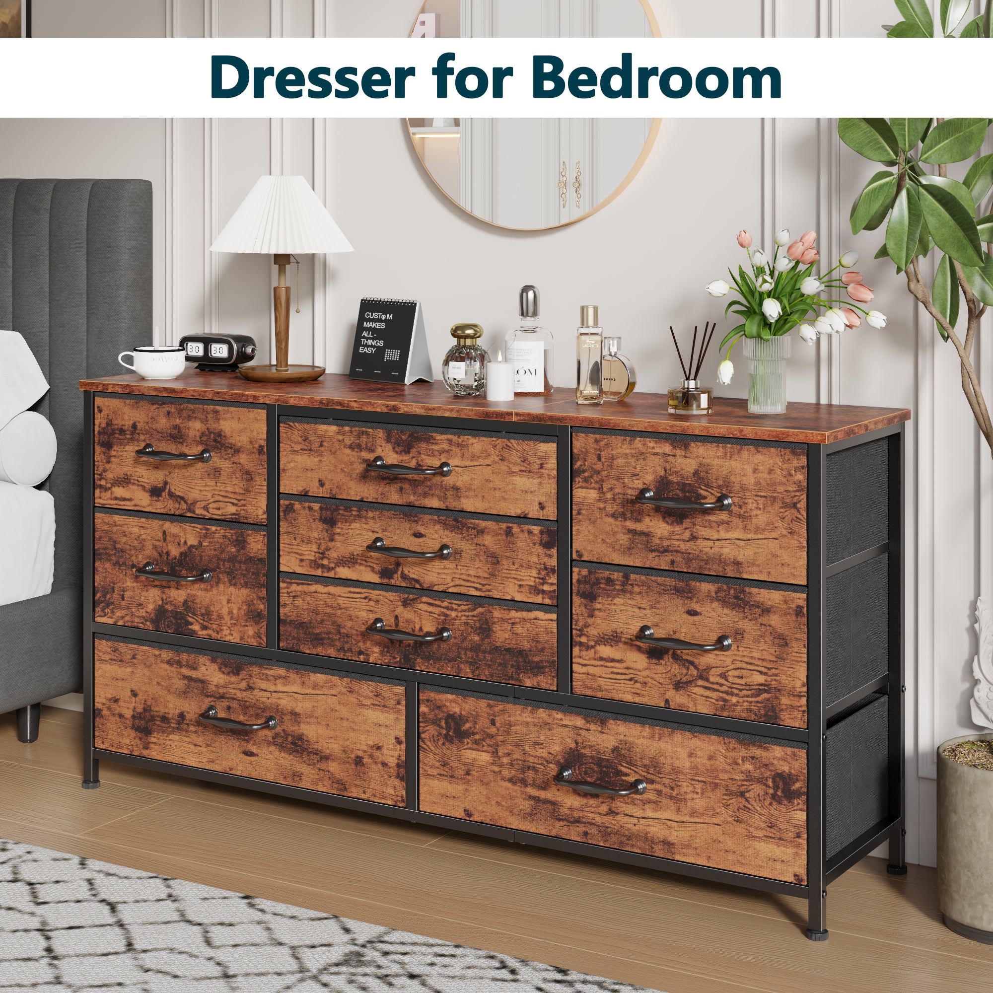 45''W Dresser for Bedroom Rustic Brown Dresser TV Stand for 42-47-50 inch TV Wide Chest of Drawers with 9 Drawer Large Fabric Dressers with Wood Top